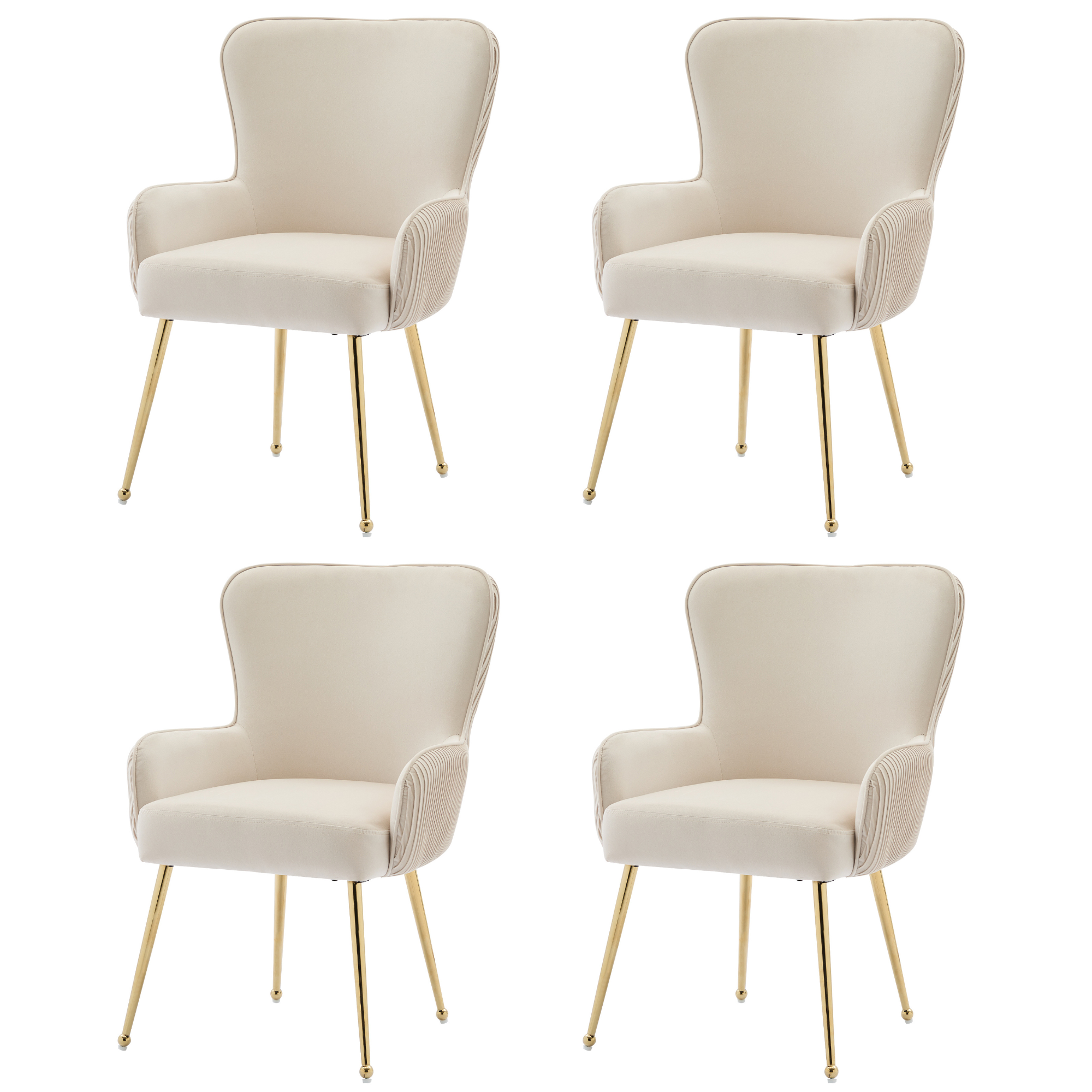 Velvet Dining Chair Set of 4 Gold Metal Legs Armrests Lumbar Support - Beige