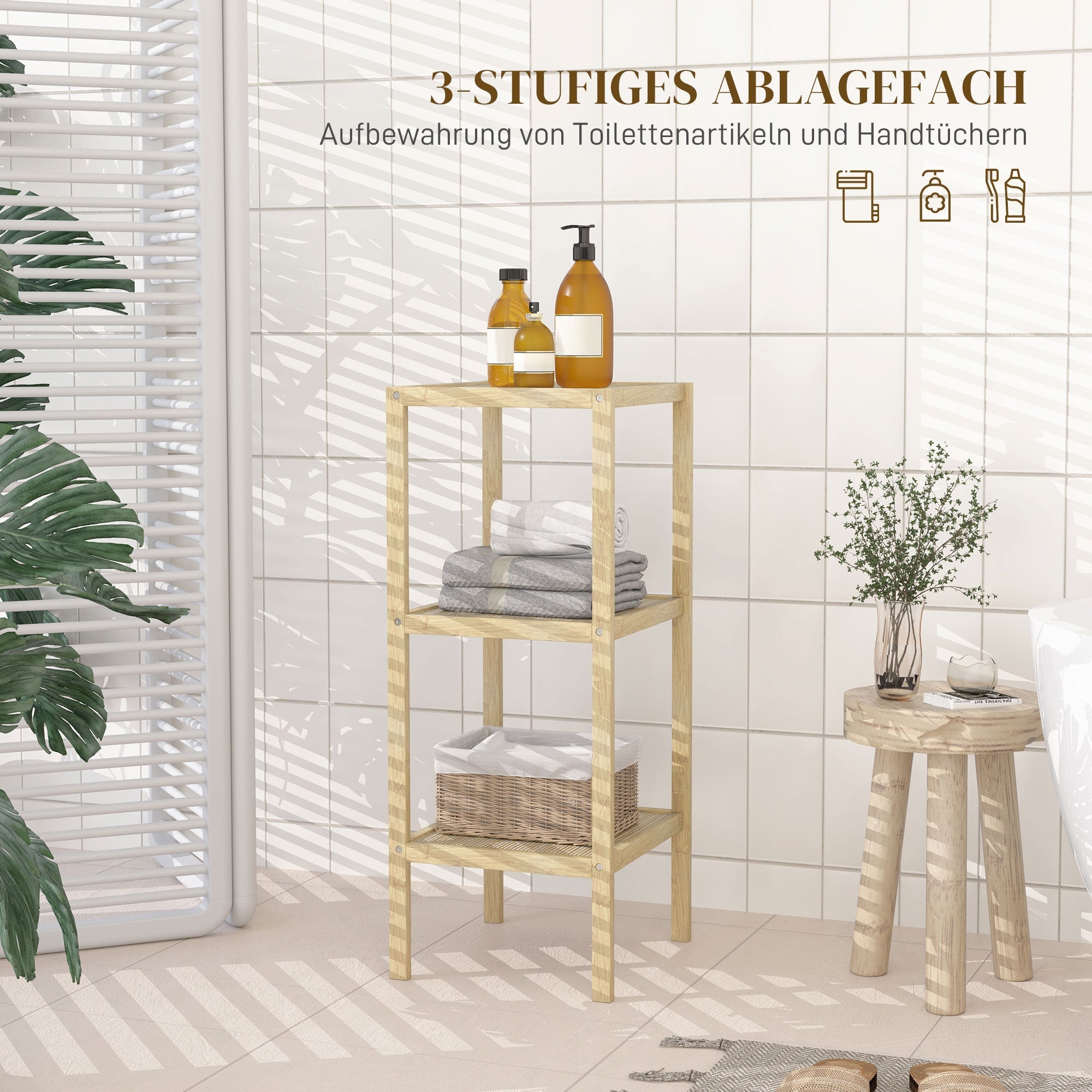 Bathroom Shelf, 3-Tier Freestanding Storage, Natural Wood
