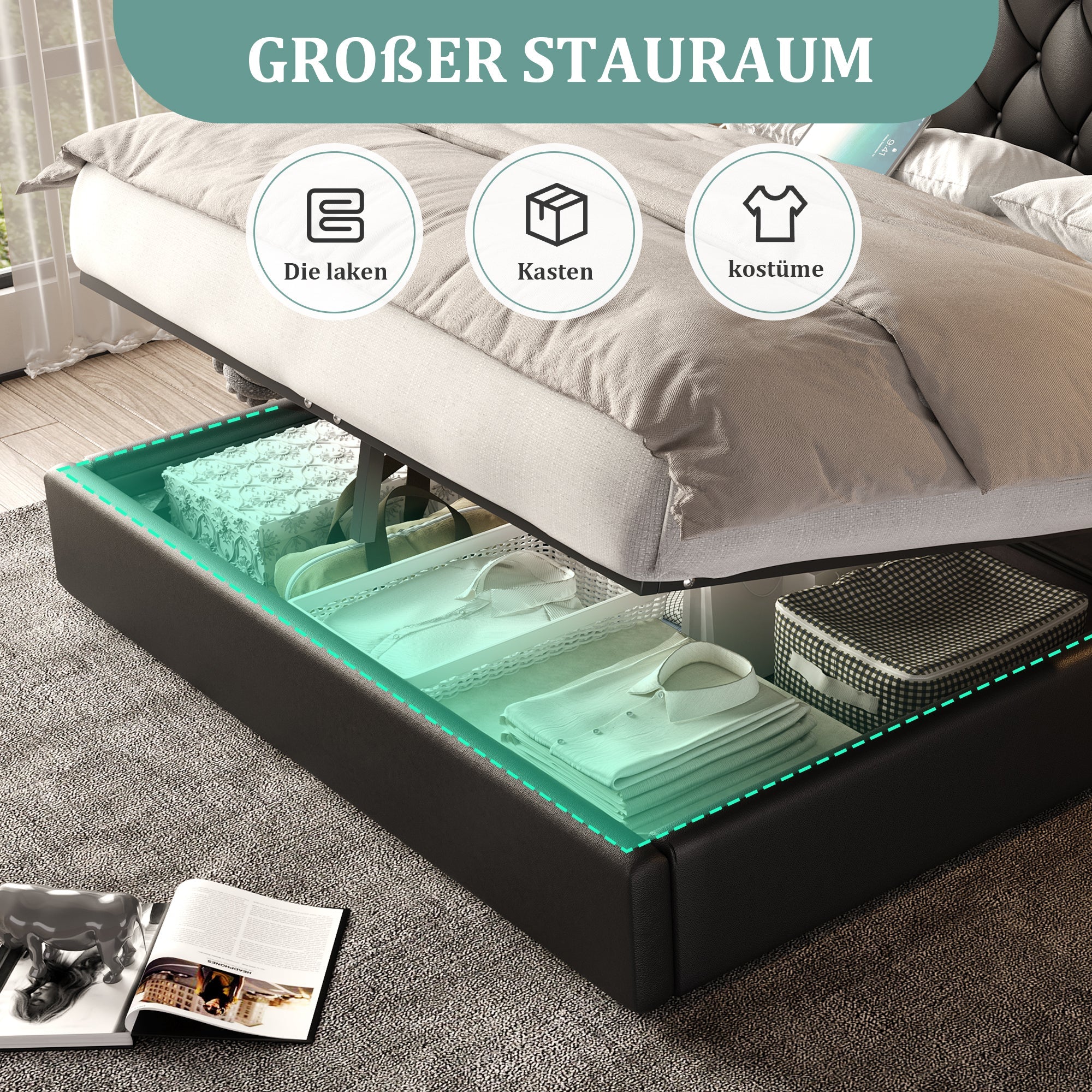 Bed Frame with Long Headboard, USB, Desk Lamp, Hydraulic Storage, 180x200cm - Black Velvet