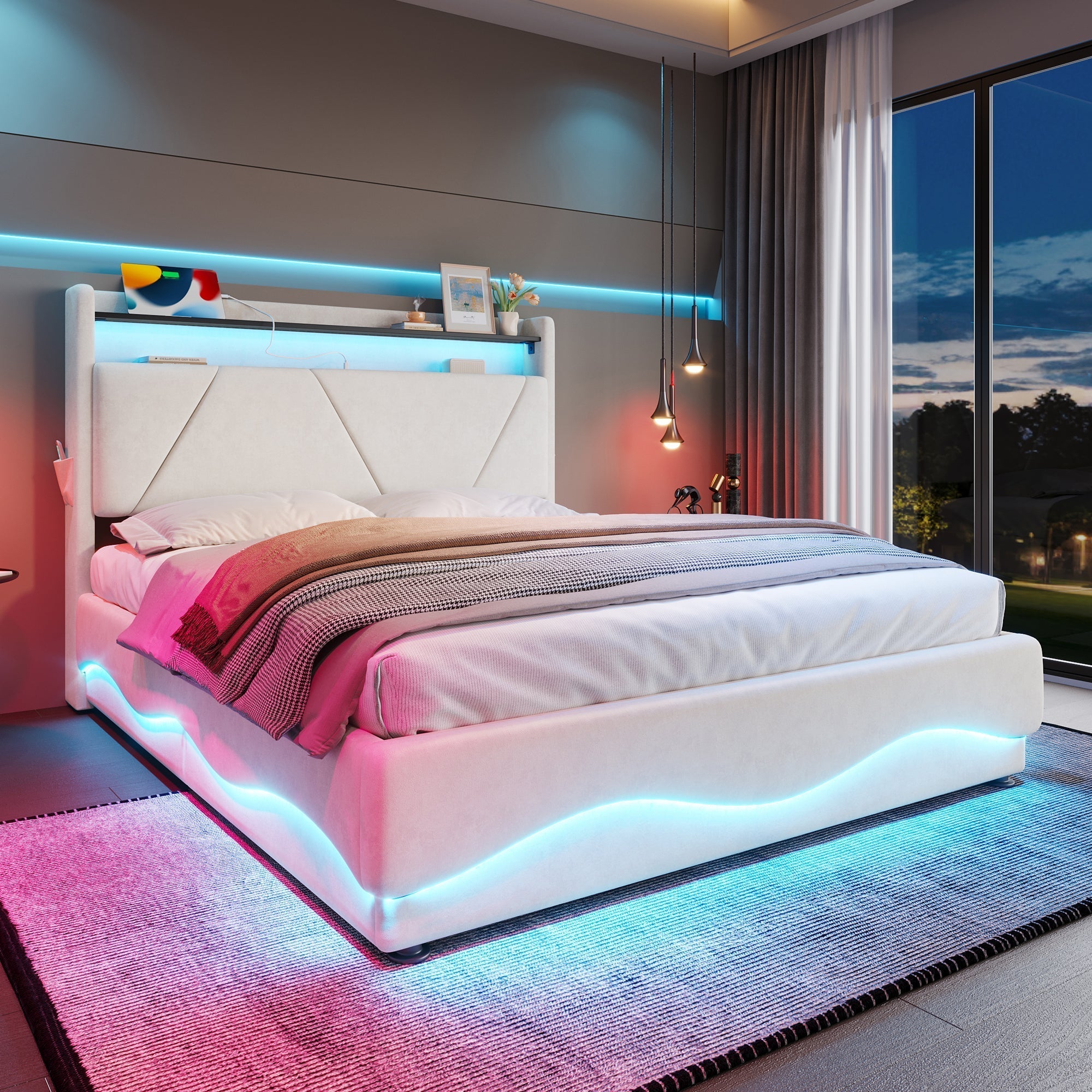 Upholstered Bed 160x200cm LED Headboard Storage USB Gas Lift