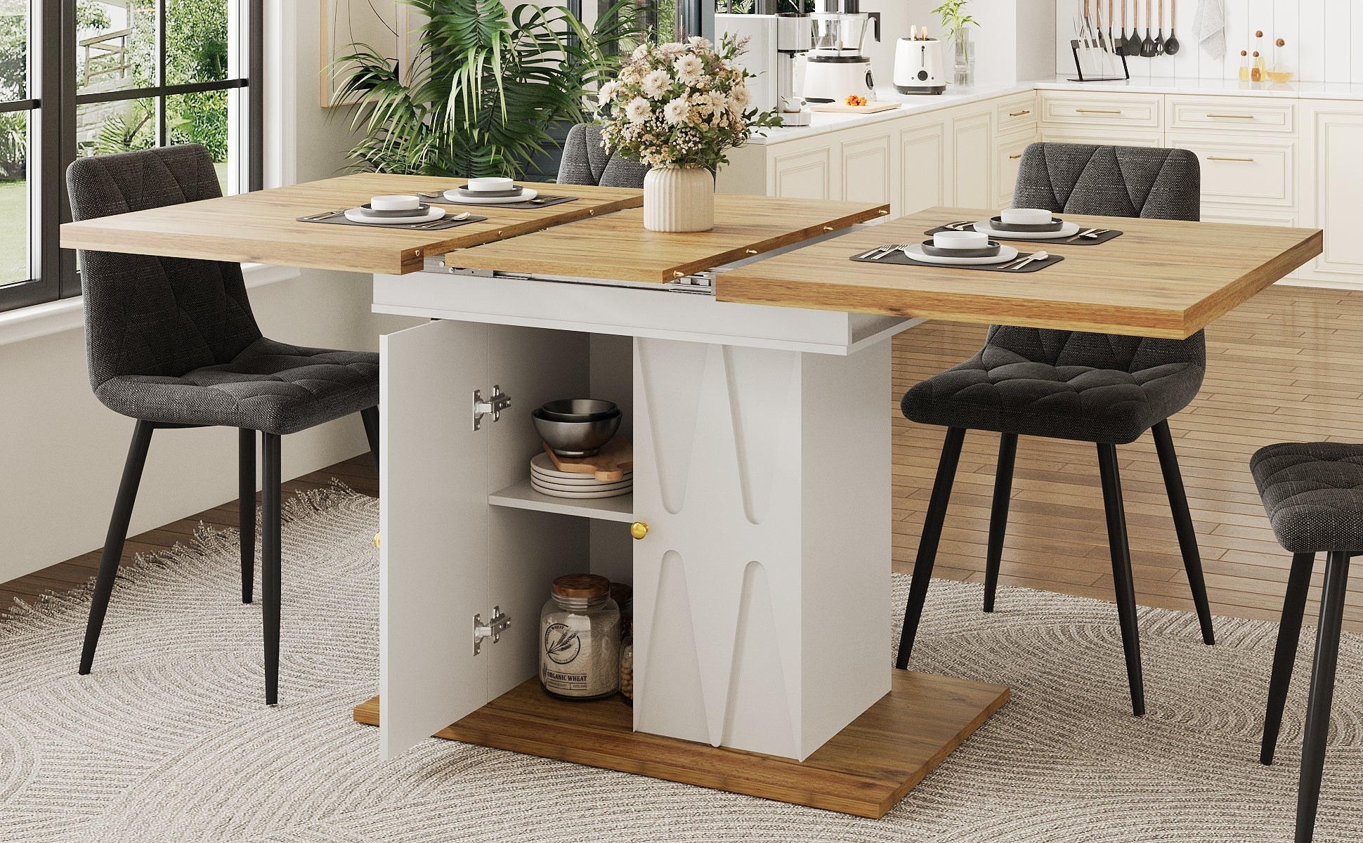 5-Piece Dining Set Extendable Table 110/140cm with 4 Chairs Cotton-Linen Grey