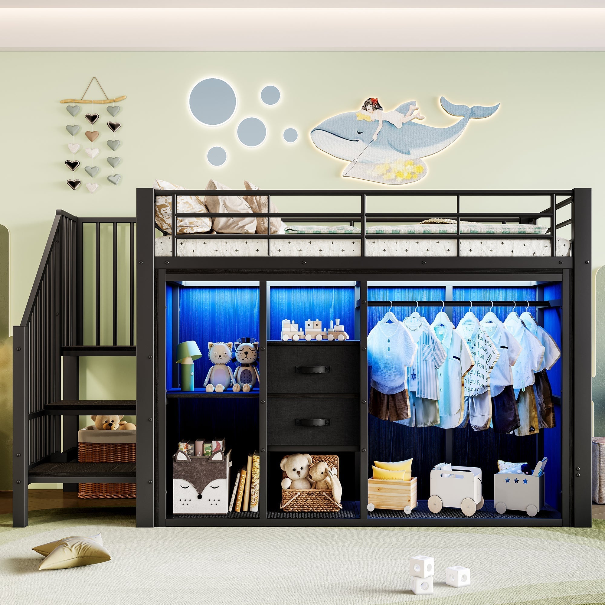Mid-Height Bed 90x200cm 2 Drawers Open Wardrobe LED Storage - Black