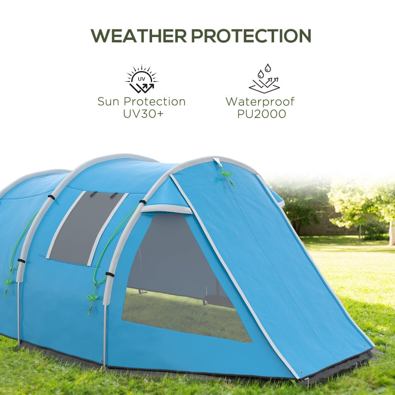 3-4 Man Tunnel Tent, Two Room Camping Tent with Windows, Portable Carry Bag - Blue