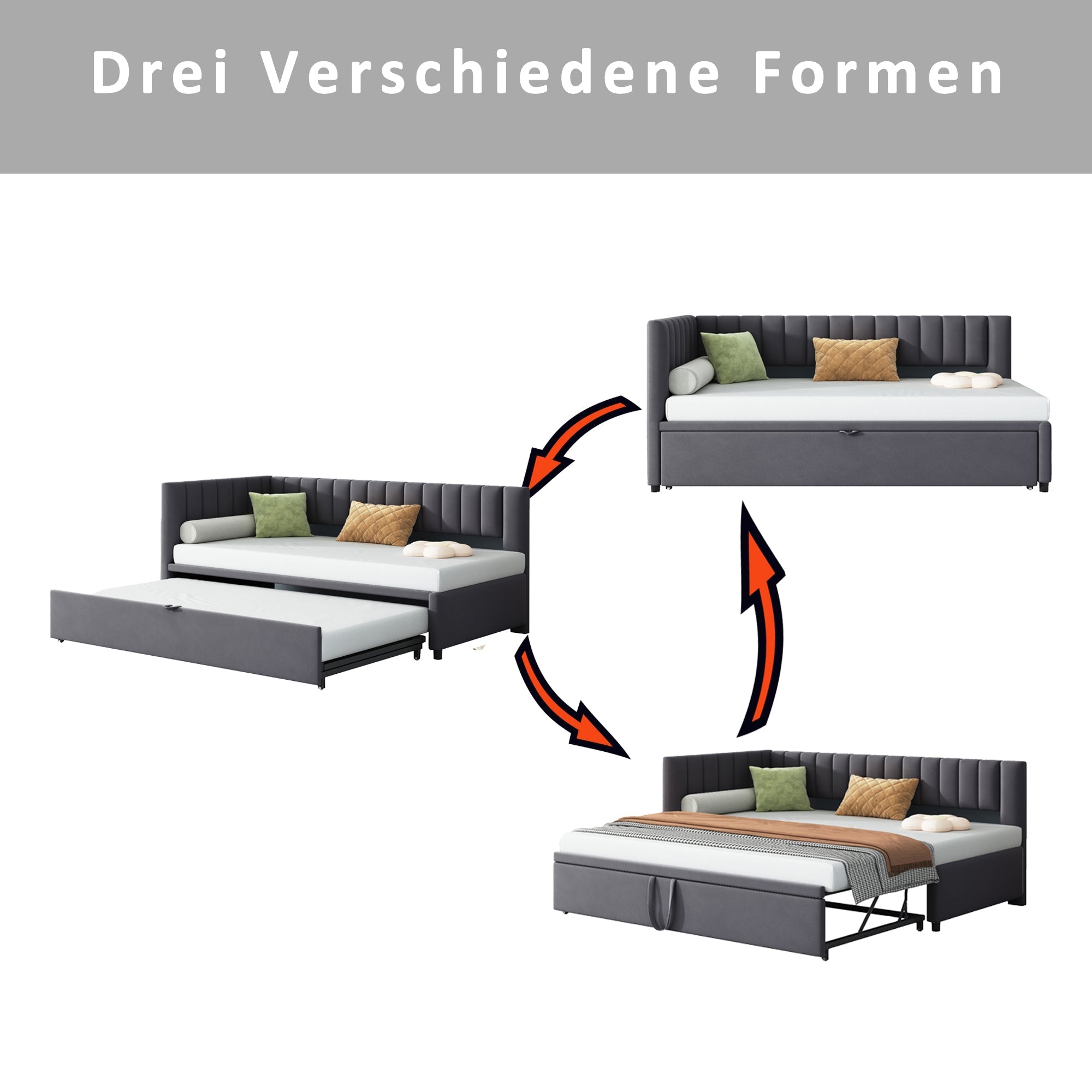 Sofa Bed, L-Shaped Pull-Out 90/180*200cm, Velvet Fabric, Gray