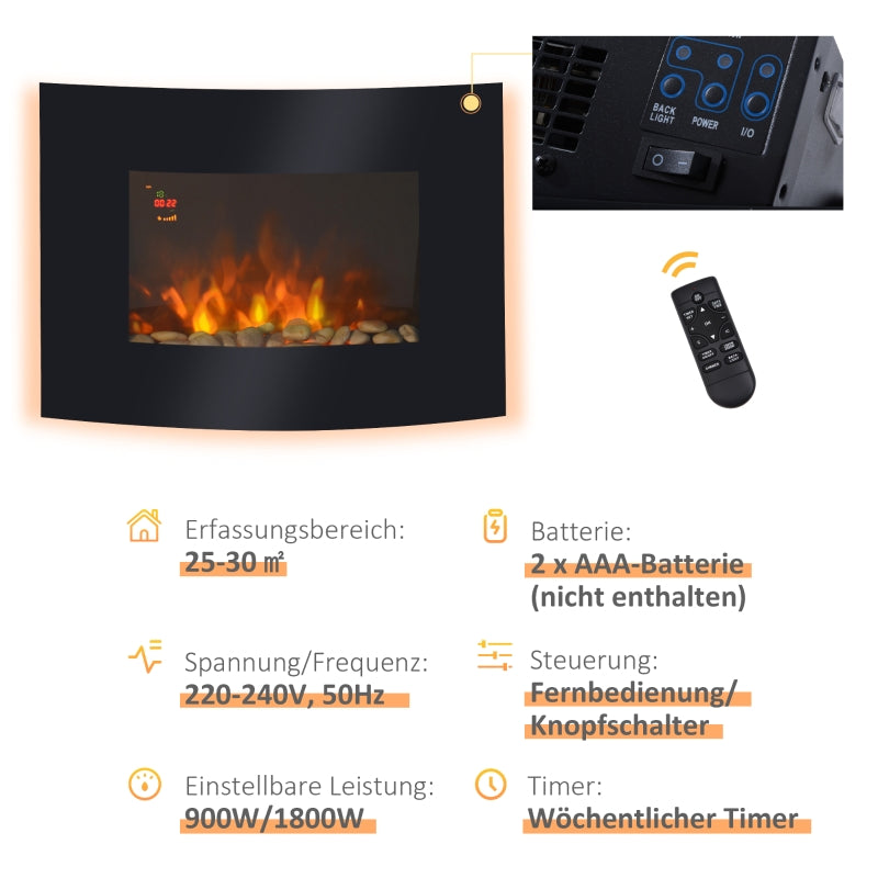 Electric Fireplace, Wall-Mounted 65 x 11.4 x 52cm, Glass and Metal