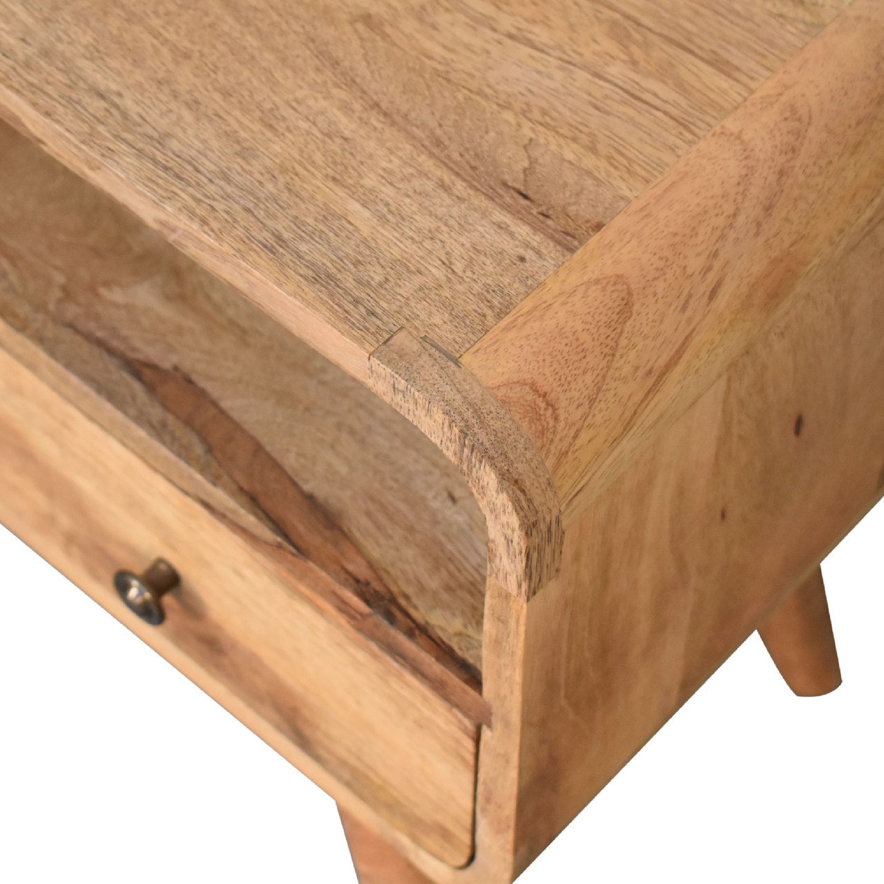 Solid Wood Media Unit, Mini Curved with 2 Drawers and Open Slot, Brown Oak-ish