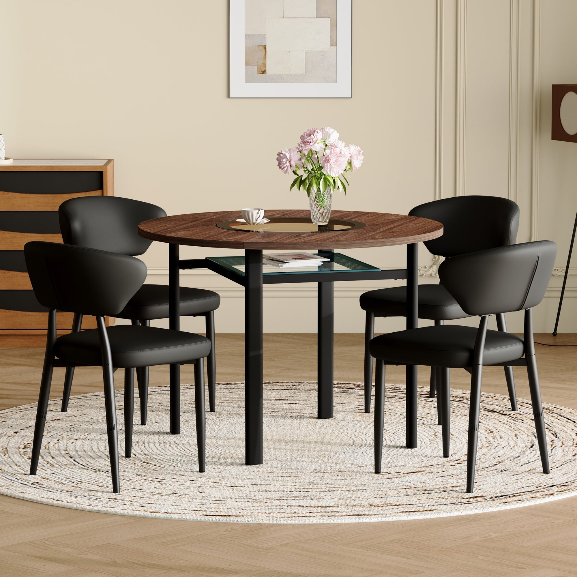 Round Dining Set 100cm Minimalist Table 4 PU Armchairs - Wood Look/Black