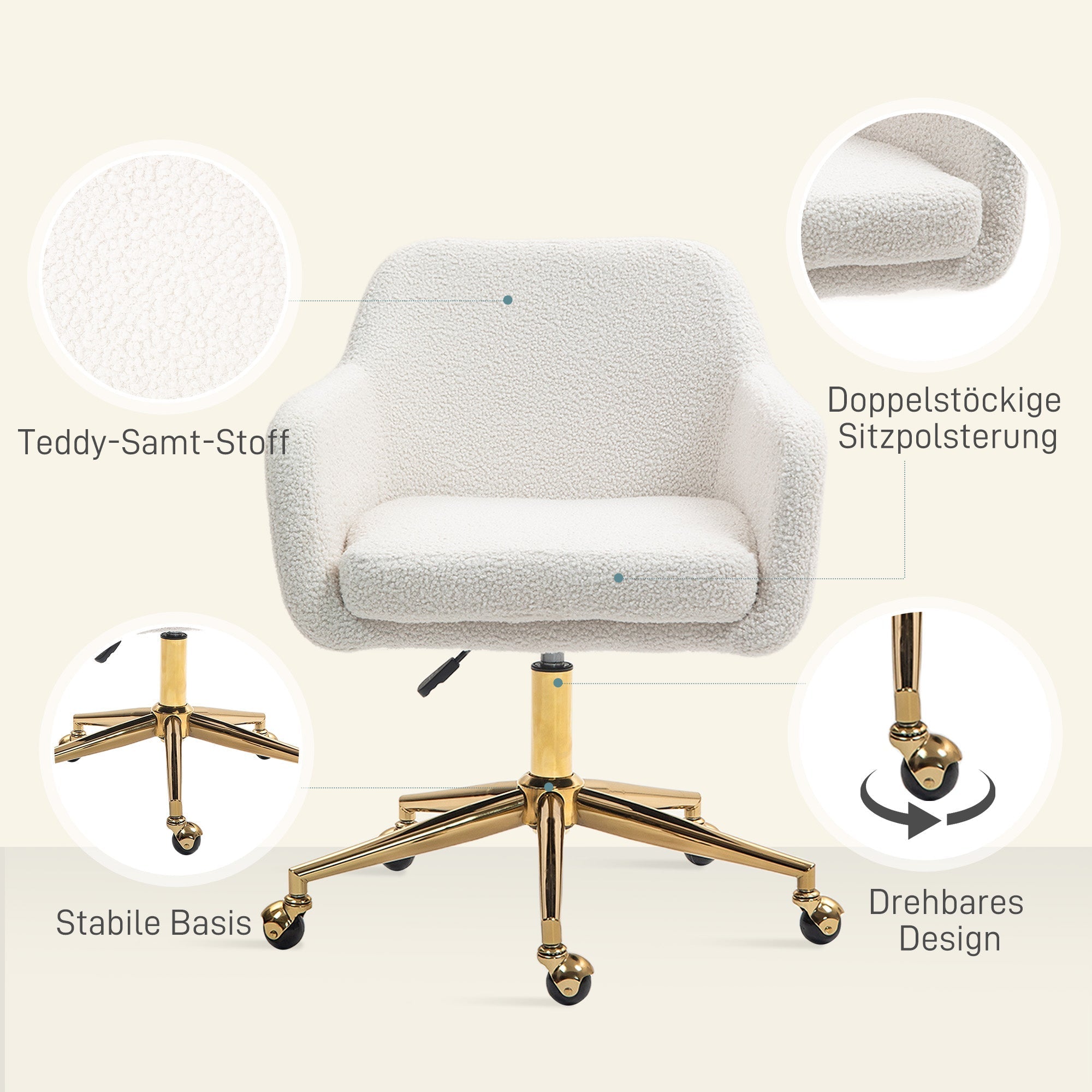 Office Chair, Height-Adjustable Swivel Recliner Steel Frame, Cream White Velvet