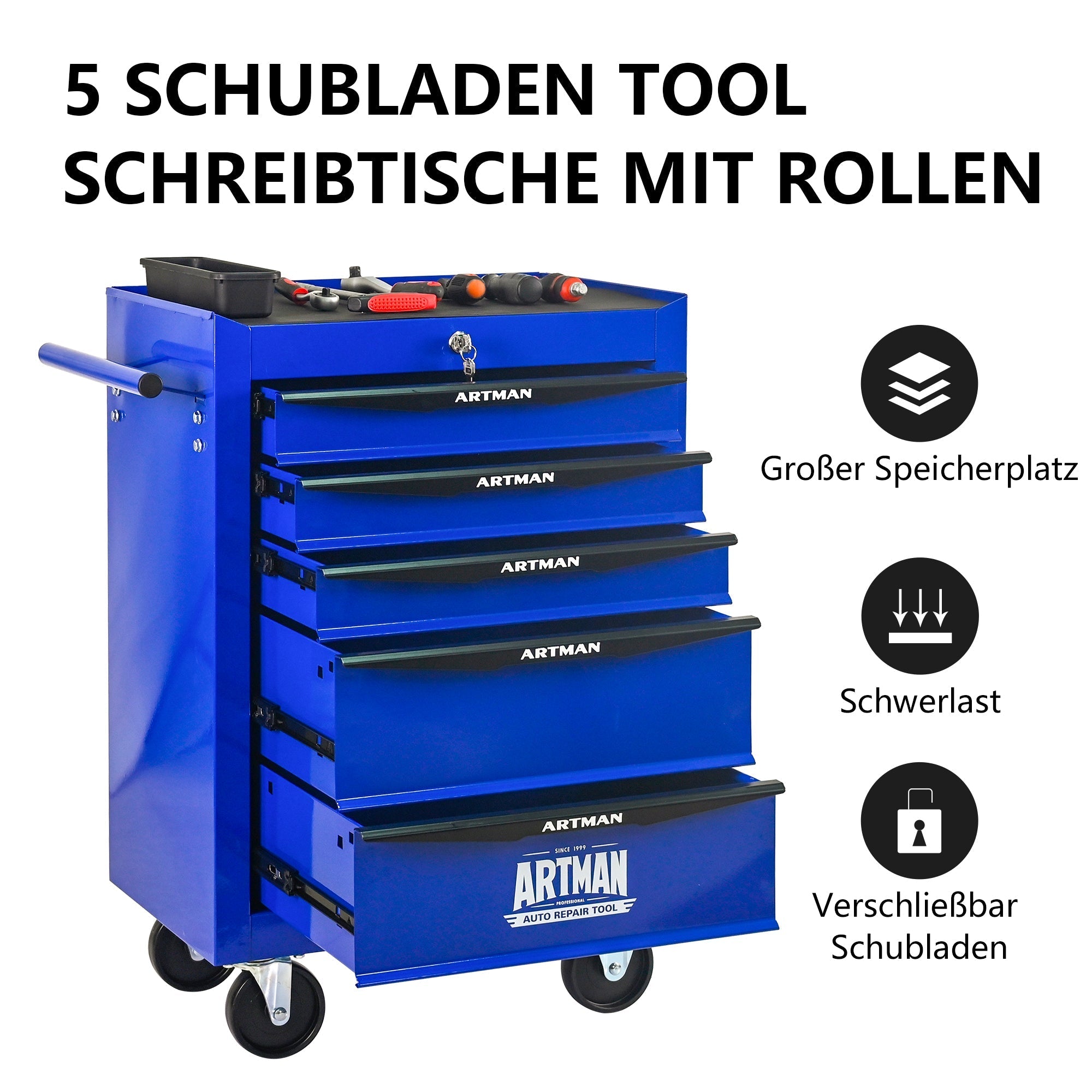 Rolling Metal Tool Box - 5 Drawers Ball Bearing Slides - Black & Blue