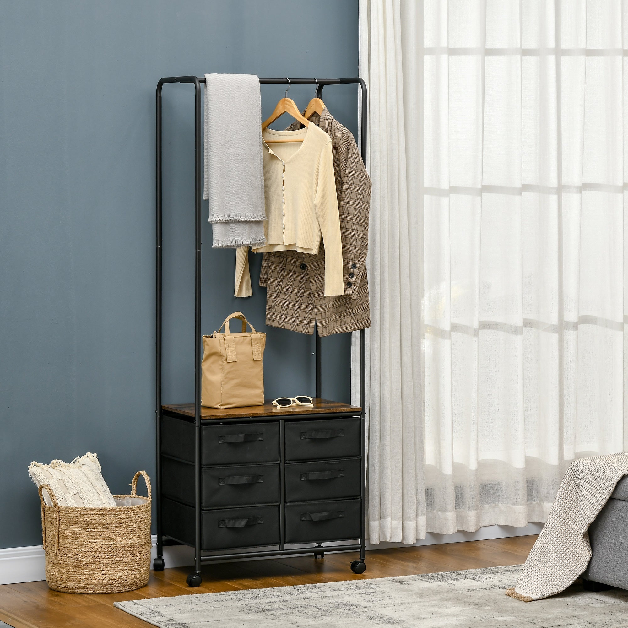 Industrial Clothes Rail with 6 Fabric Drawers Open Wardrobe, Rustic Brown