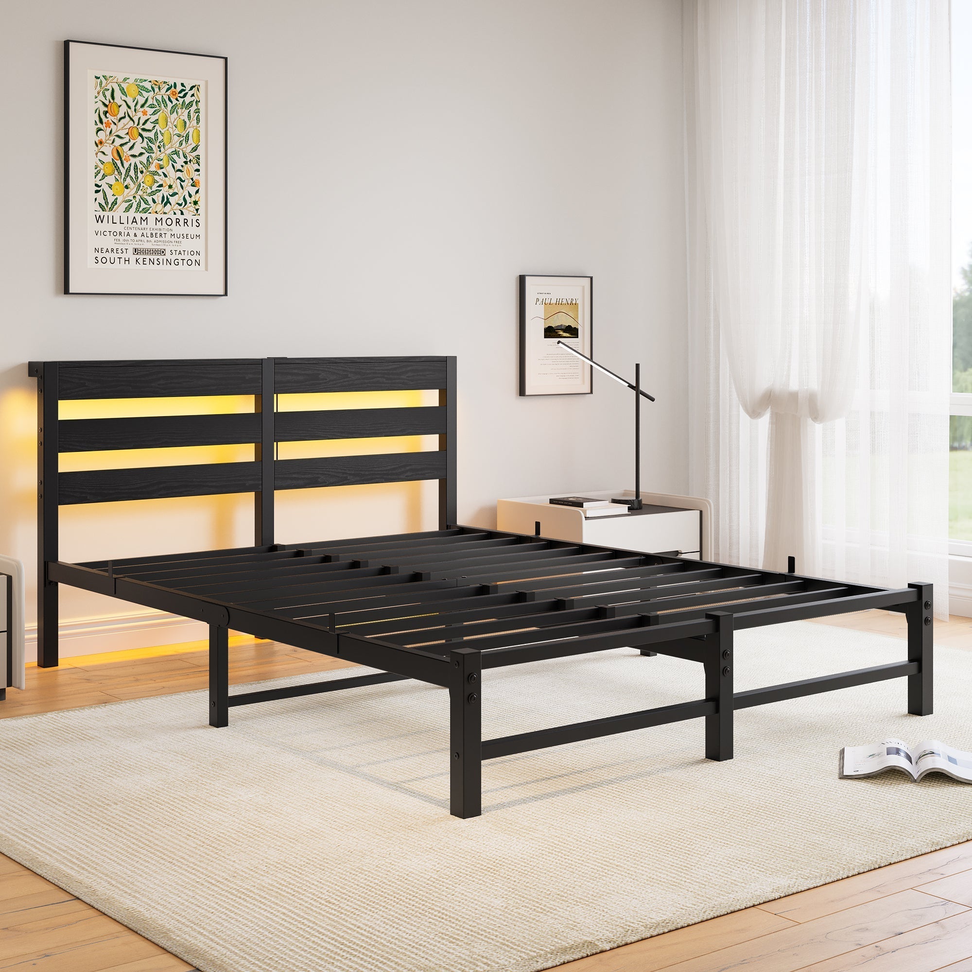 Metal Bed Frame 140x190cm LED USB Charging Storage - Metal