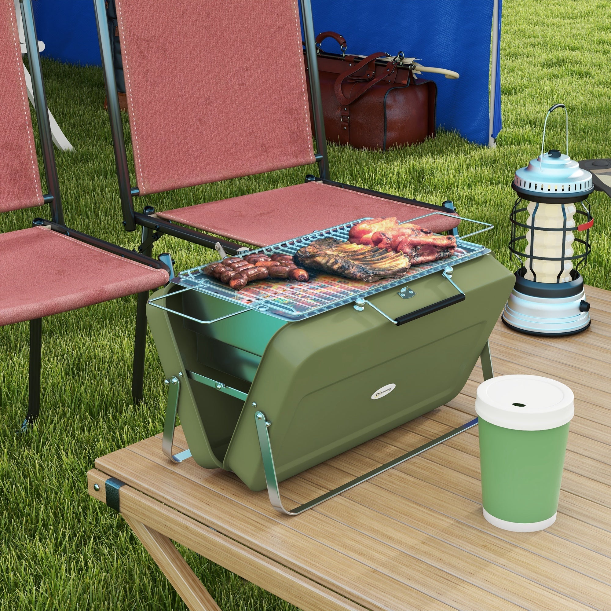 Tabletop Charcoal Grill with Charcoal Tray, Grill Grate, Handle - Stainless Steel, Green