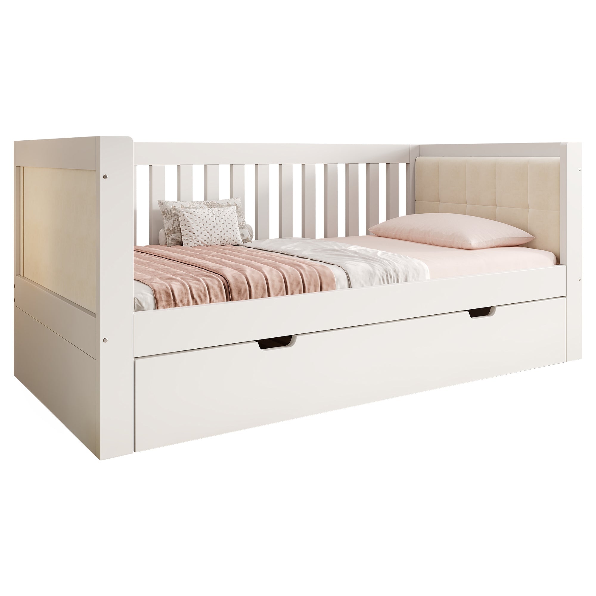 Daybed with Pull-out Bed, 90x190cm Space-Saving Design with Slatted Base, White Wood