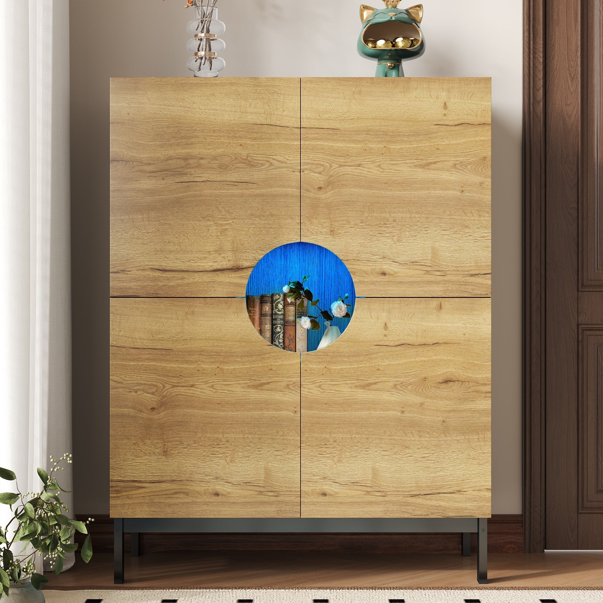 Shoe Cabinet & Display Cabinet 2-in-1, Adjustable Shelves, Solid Wood Legs, Wood Color