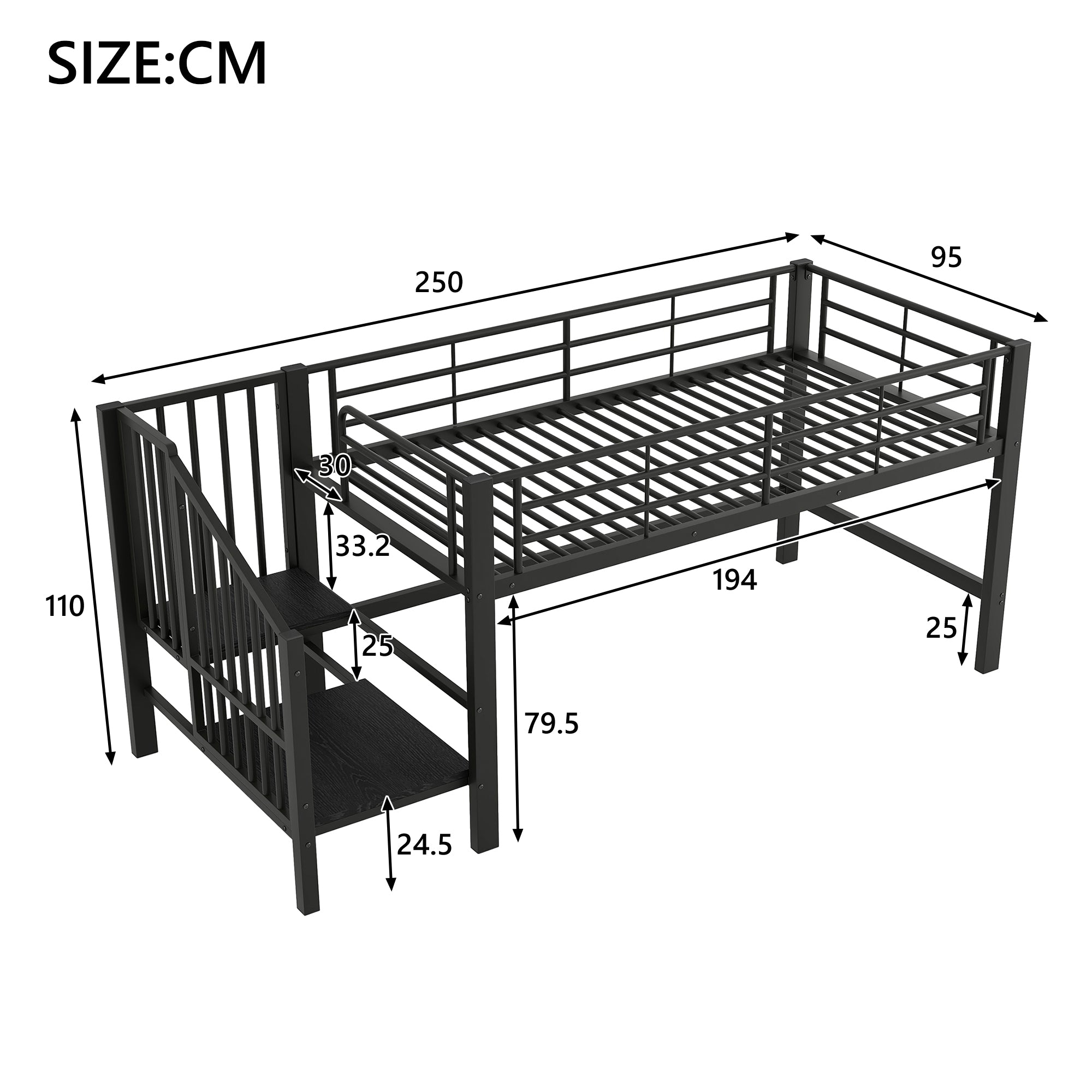 Semi-High Loft Bed 90x200 Storage Stairs Black