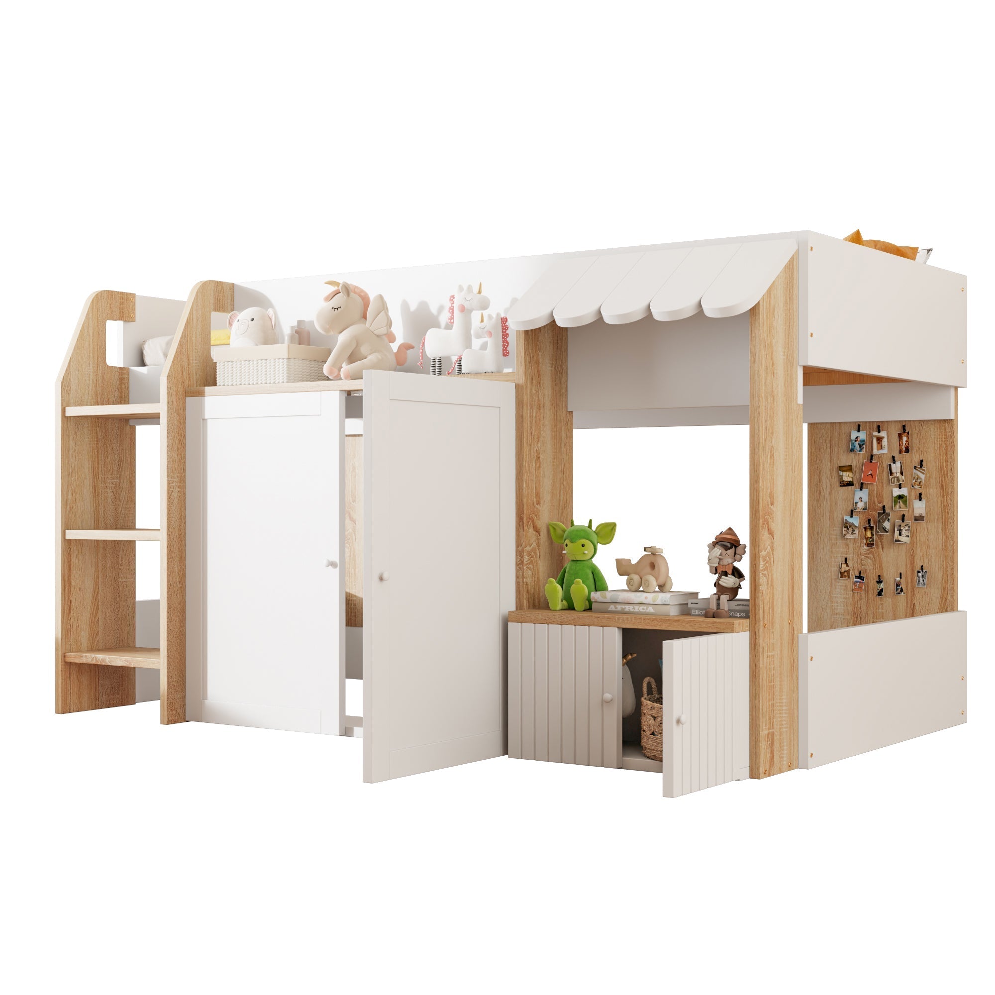 Children's House Bed 90x200 Mid-Height Storage Climbing Ladder - Solid Wood White/Natural