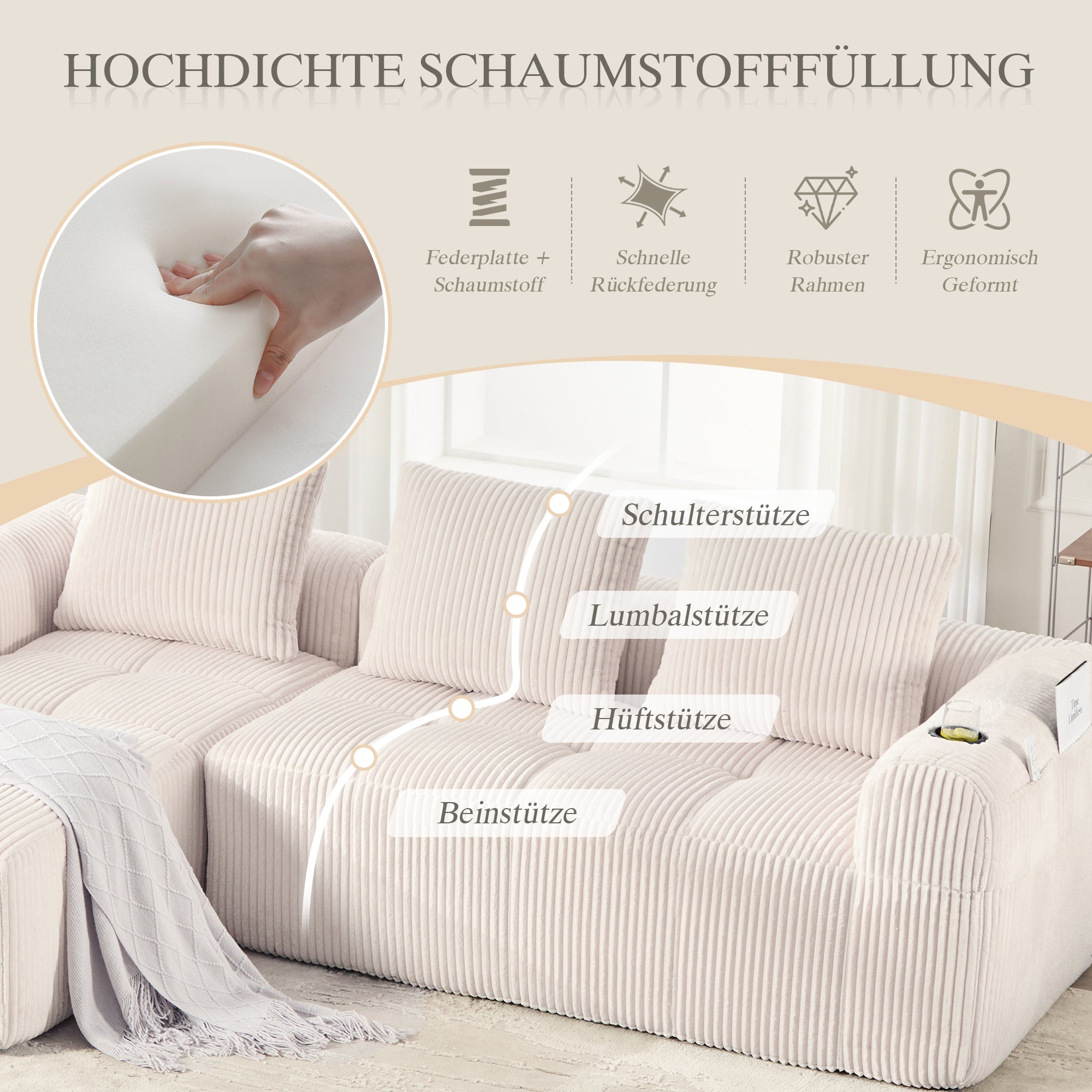 Compact Modular Sofa with Side Pocket, Cup Holder & 3 Cushions - Corduroy Beige