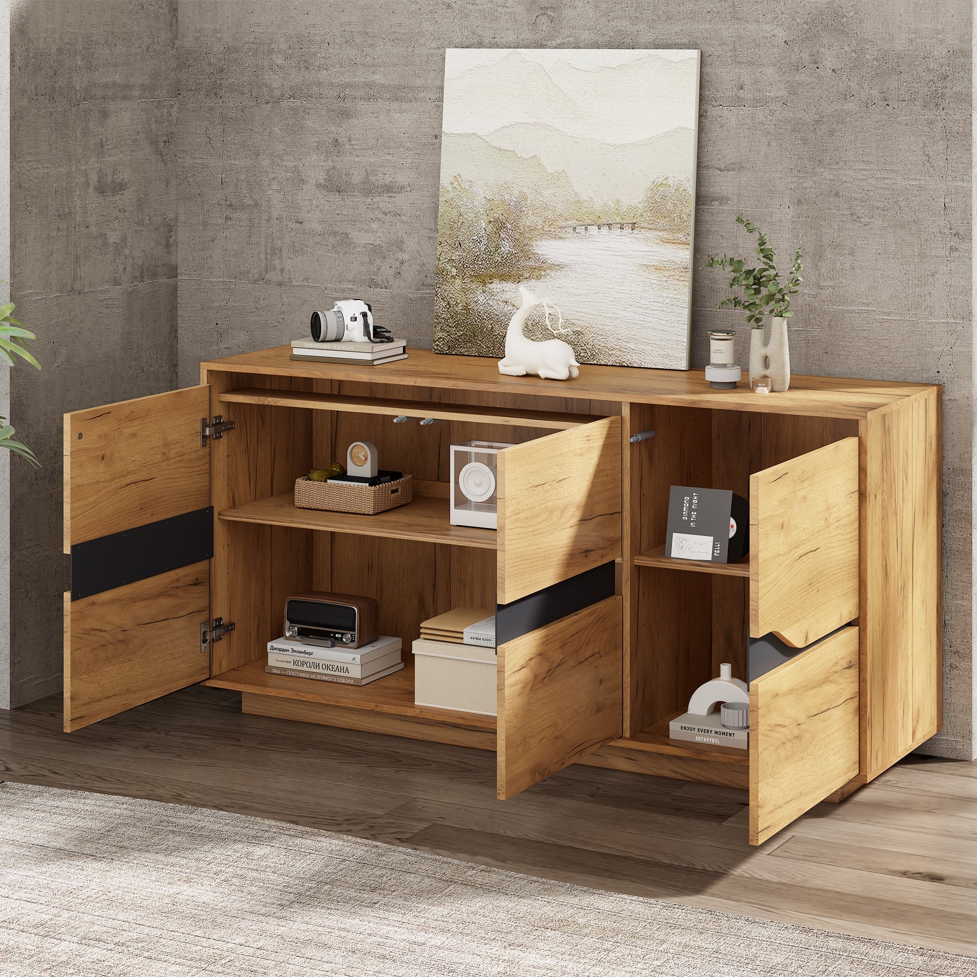 Sideboard Cabinet 3 Doors Adjustable Dividers Handleless 140x40x70cm Wood Color + Black