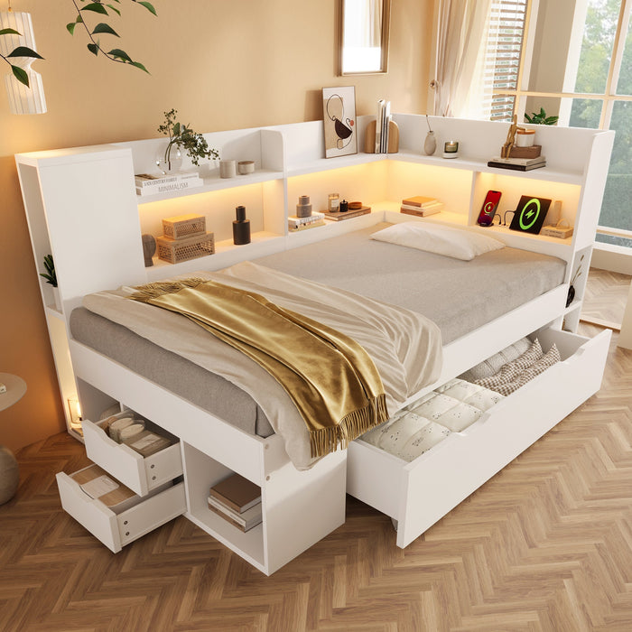 Daybed 90x190cm Functional Bed with LED, USB/Type-C Charging, Storage Shelves & Drawers - White Wood