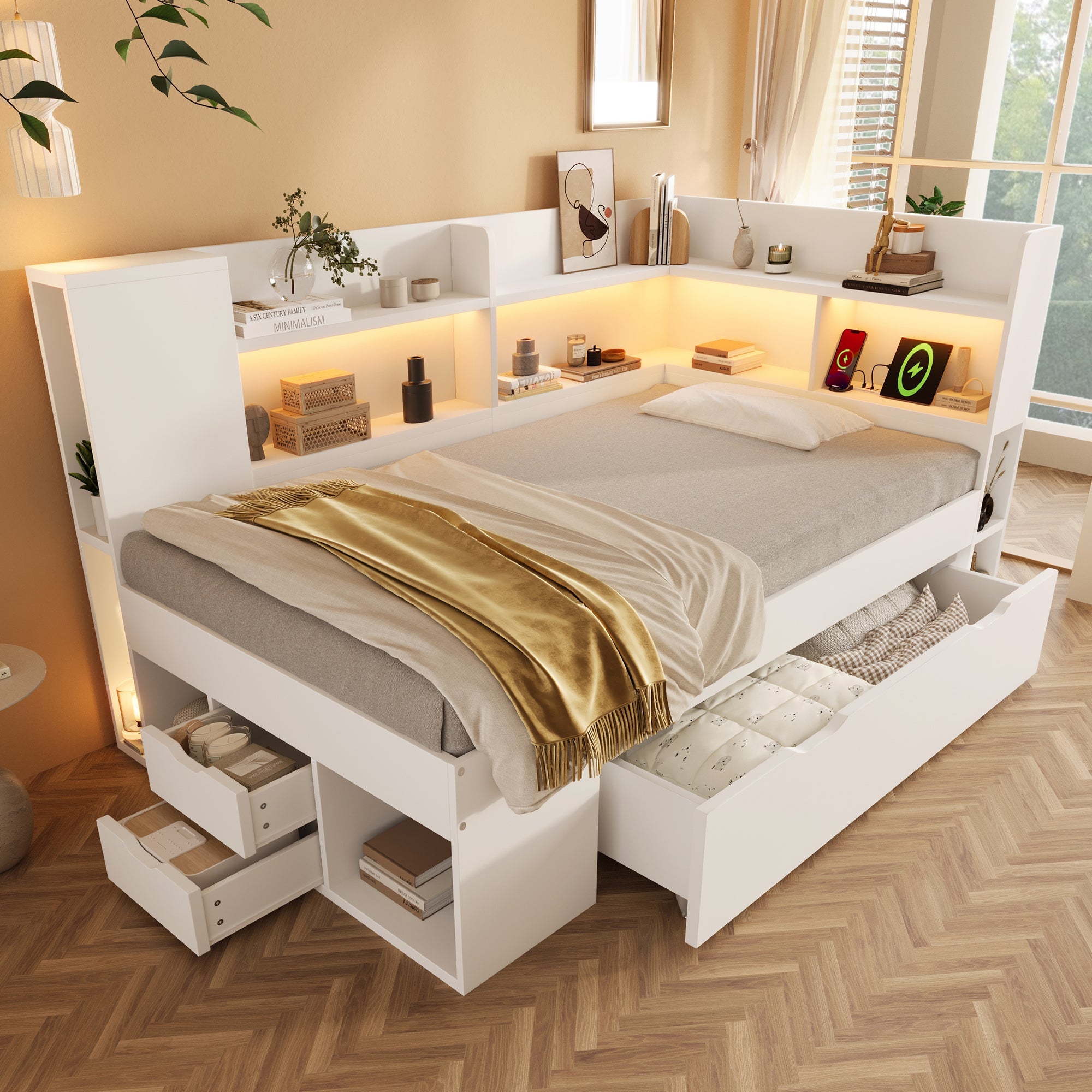 Daybed with LED, Charging Station and Storage, 90x200cm, White Wood-based Material