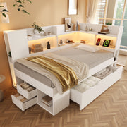 Daybed 90x200cm Functional Bed with LED & USB/Type-C Charging, Storage Shelves & Drawers - White Wood