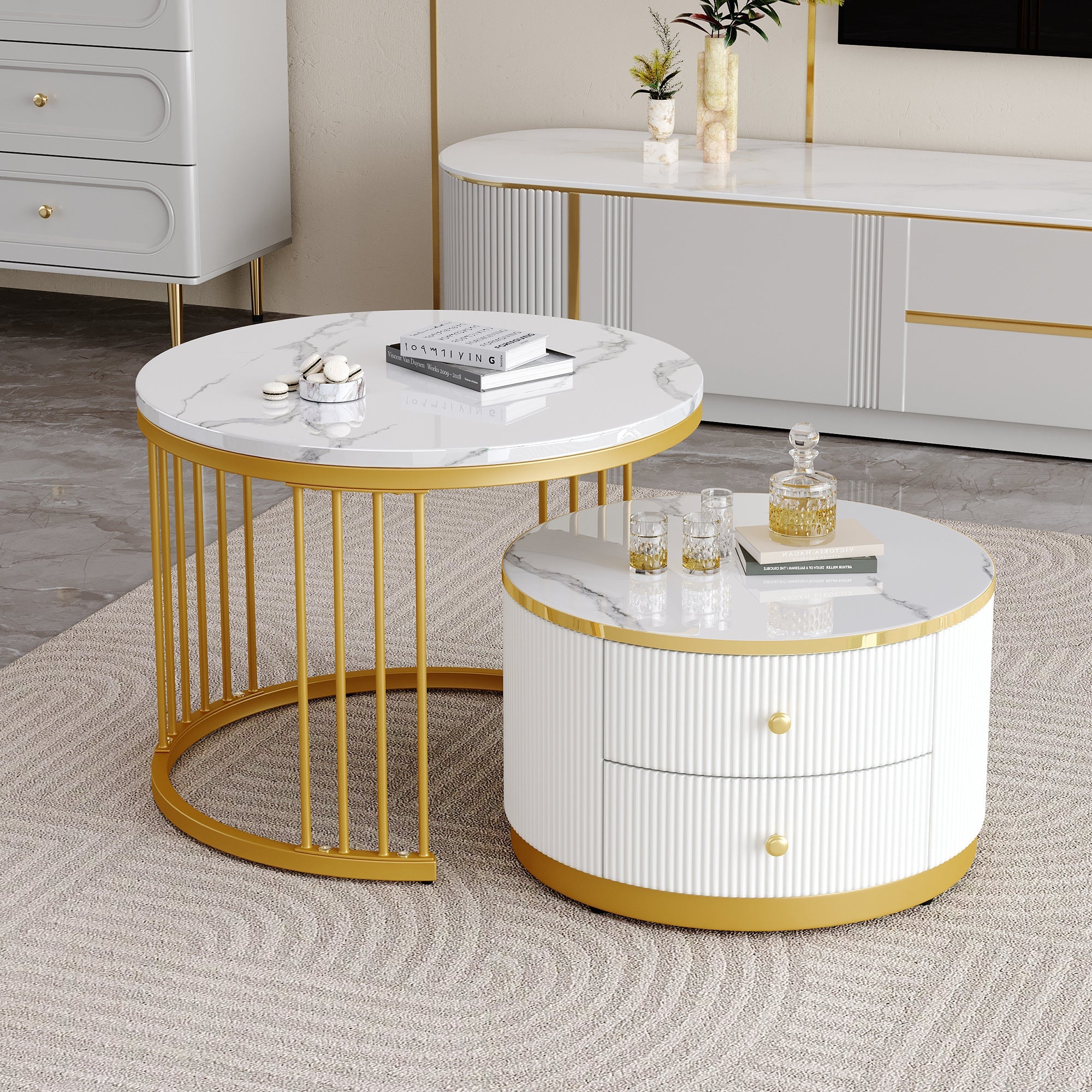 Elegant Nesting Coffee Table Set with Drawers, White Marble Look