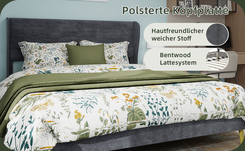Upholstered Bed, Modern Minimalist Soft Headboard, 160x200 cm Grey