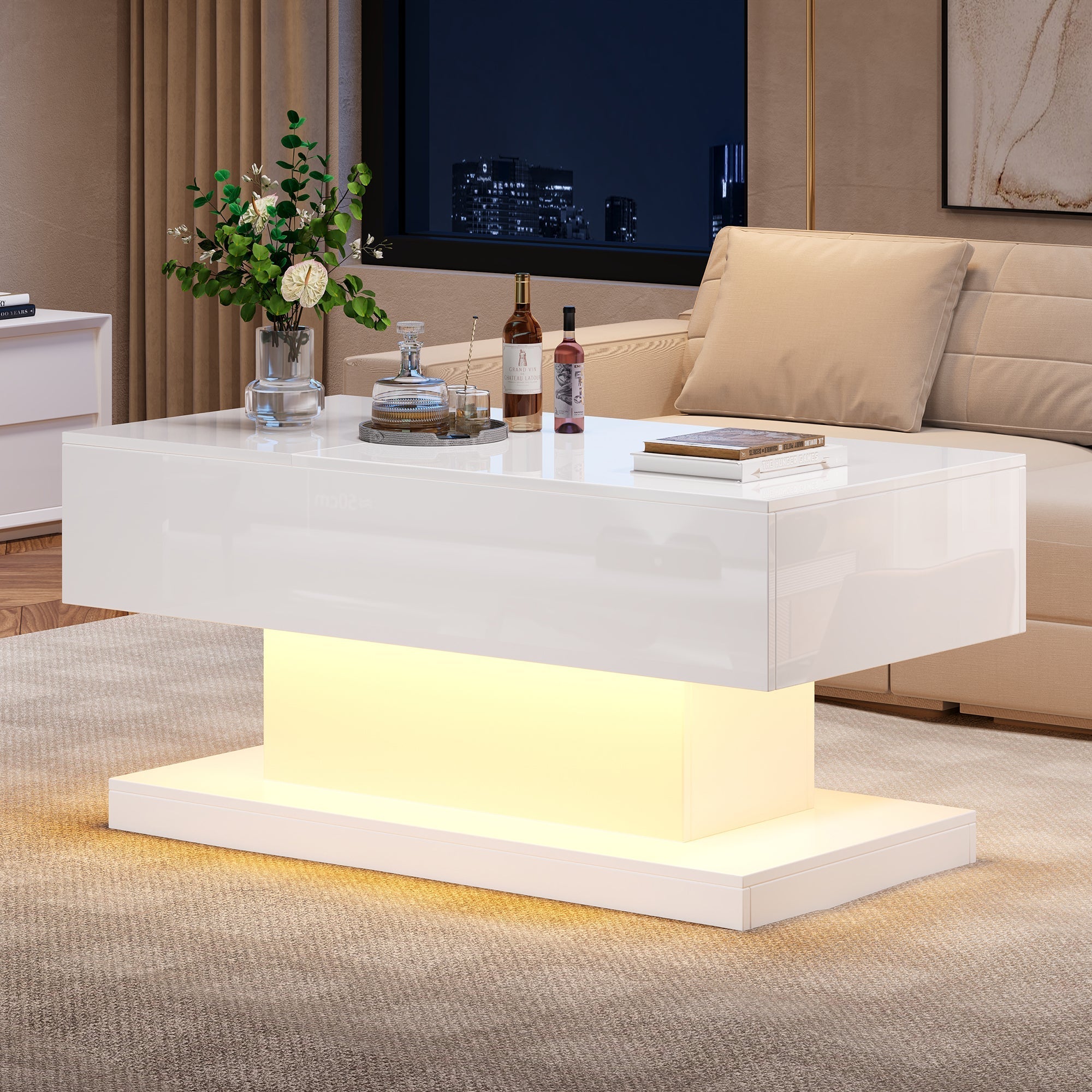 High-gloss Lift-up Tea Table, LED Coffee Table, 100x50x45 cm with Storage, White