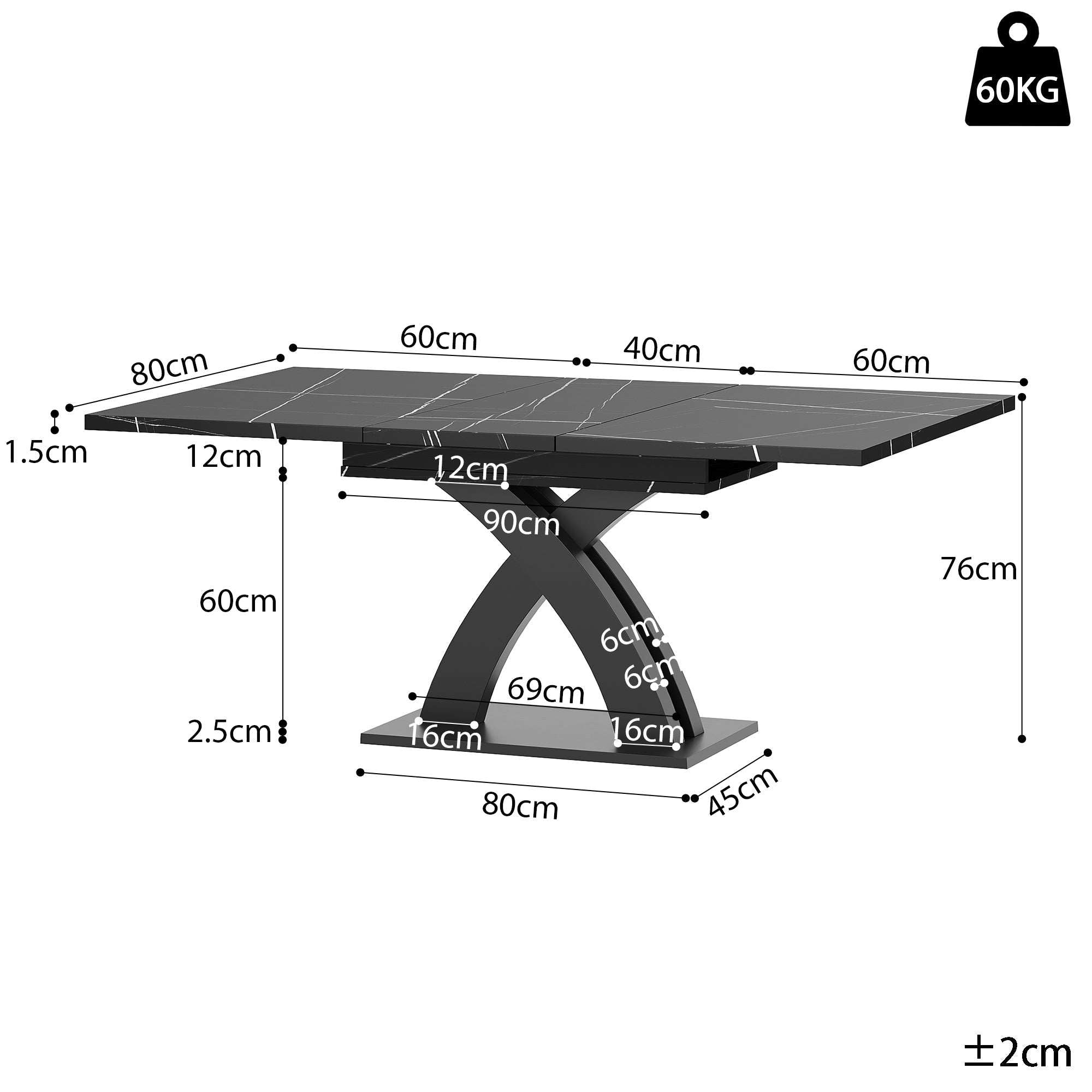 Extendable Dining Table, 120(160) cm Wooden Black Lacquered