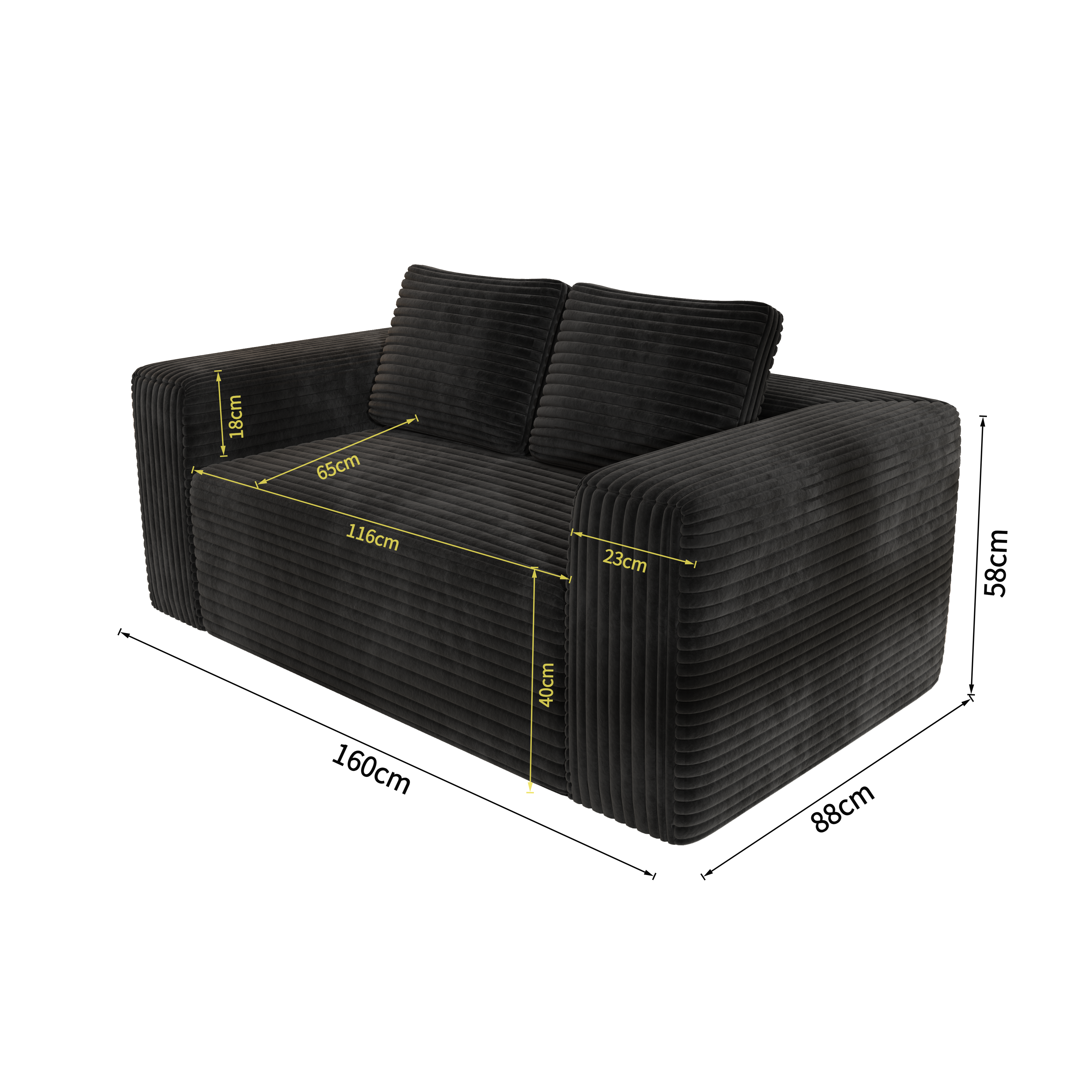 Boneless Deep Seat 2-Seater Couch No Assembly Foam Floor Sofa Plush Corduroy Black