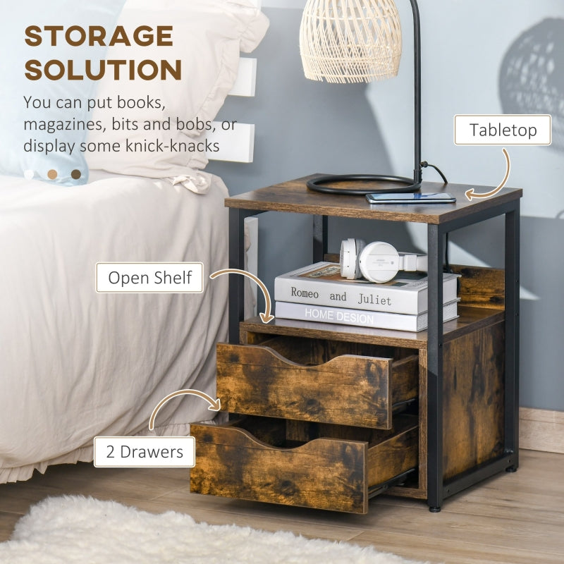 Industrial Side Table with Drawer and Storage Shelf, Slim Nightstand, Rustic Brown