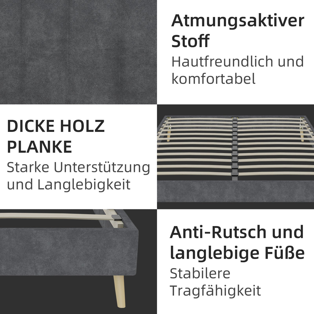 Modern Minimalist Bed Frame 140x200 cm Low-Profile Base, Dutch Velvet Fabric Grey