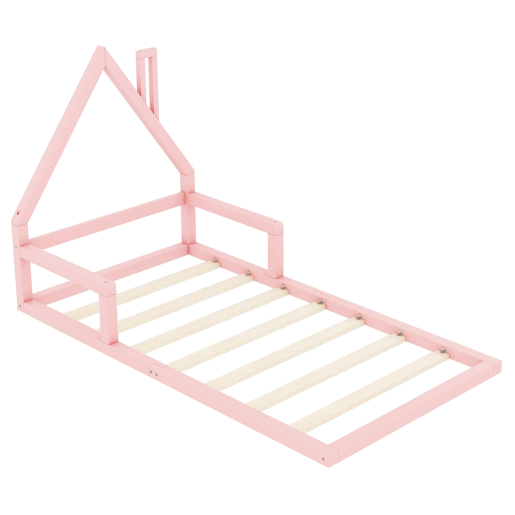 Children's bed, 90x200cm, flat bed, house shape, solid pine, pink