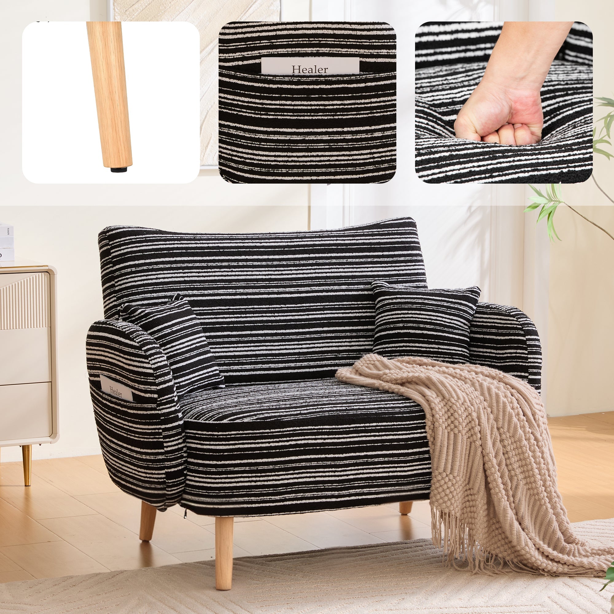 Modern Two-Seater Sofa with Armrest Cushions and Storage Bag, Boucle