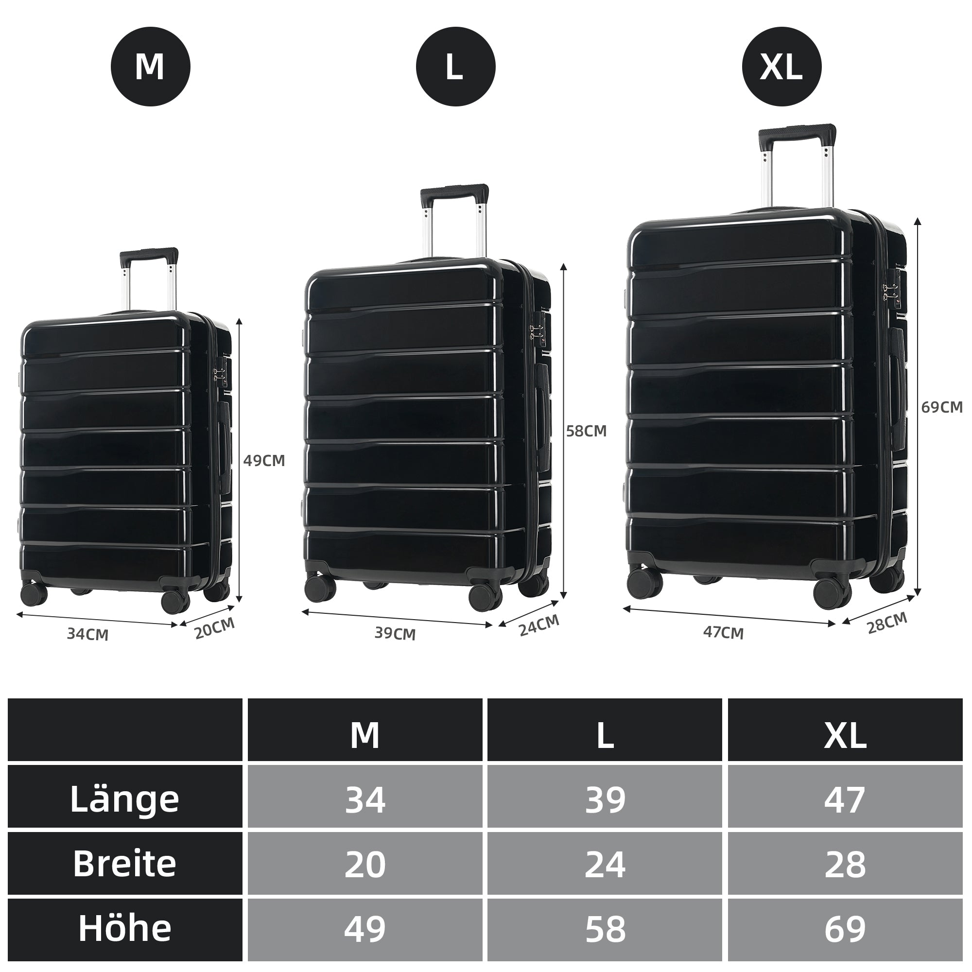 M-L-XL Suitcase Set with TSA Lock, 360° Spinner Wheels, ABS+PC Material