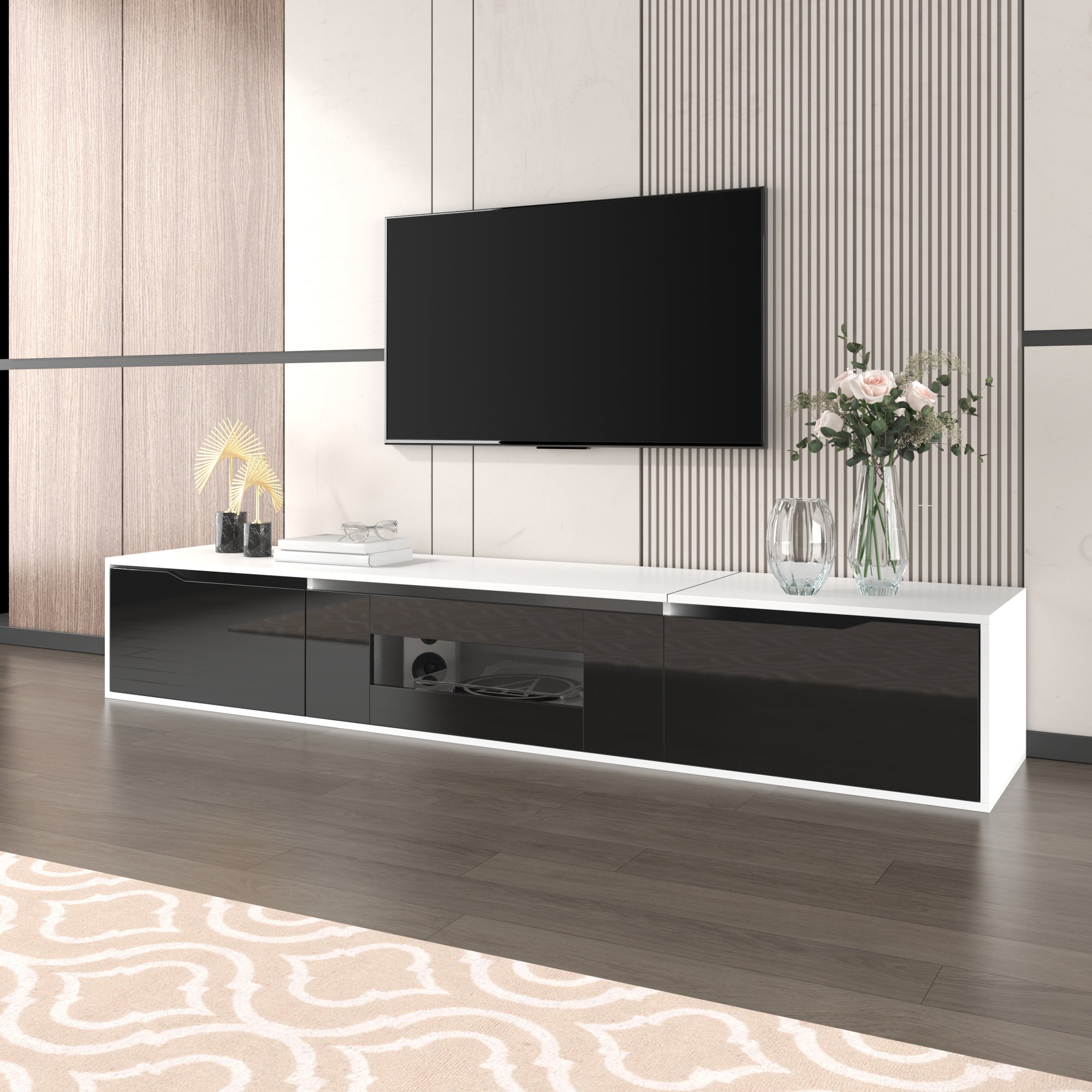 TV Cabinet, high-gloss with LED lighting, black and white