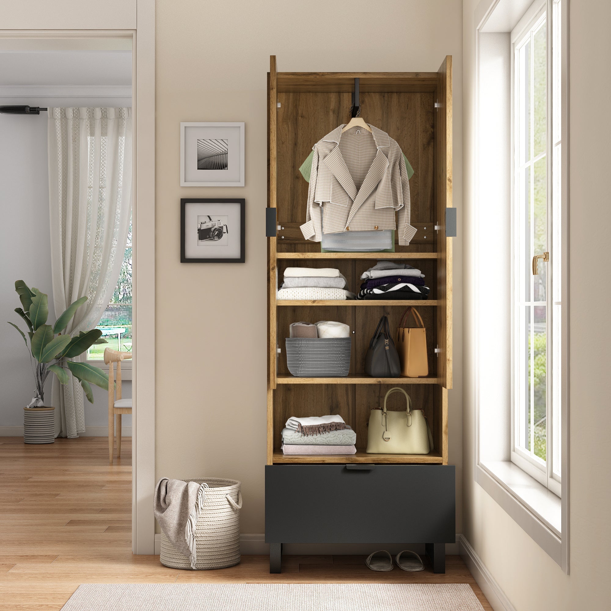 Wardrobe, 1 Drawer, Adjustable Shelves, Clothes Rail, Wood and Black