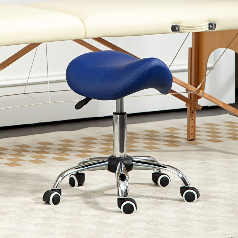 Saddle Stool, Height Adjustable Salon Chair for Massage Spa, Dark Blue Faux Leather
