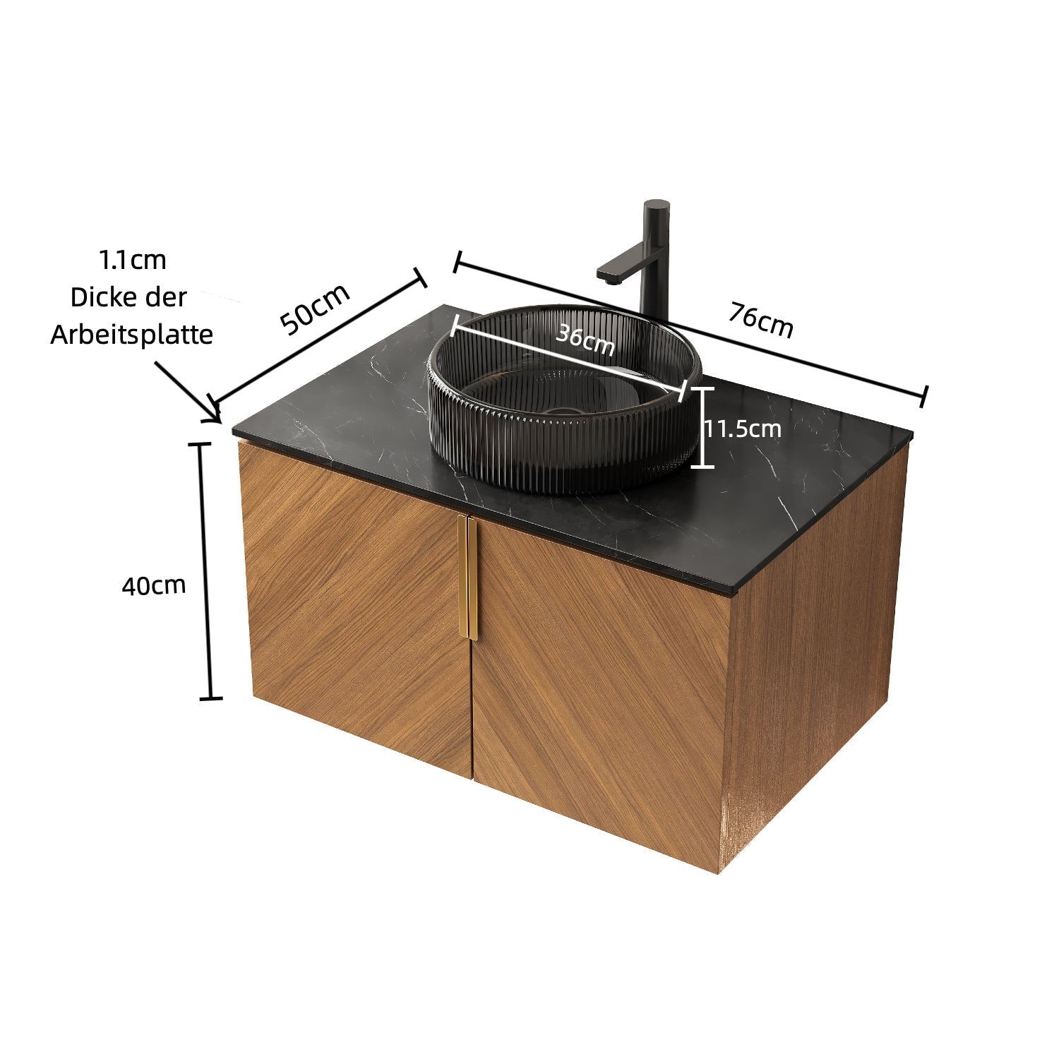 ARAI 76cm Wall Mount Bathroom Vanity with Black Glass Basin, Espresso Wood Grain