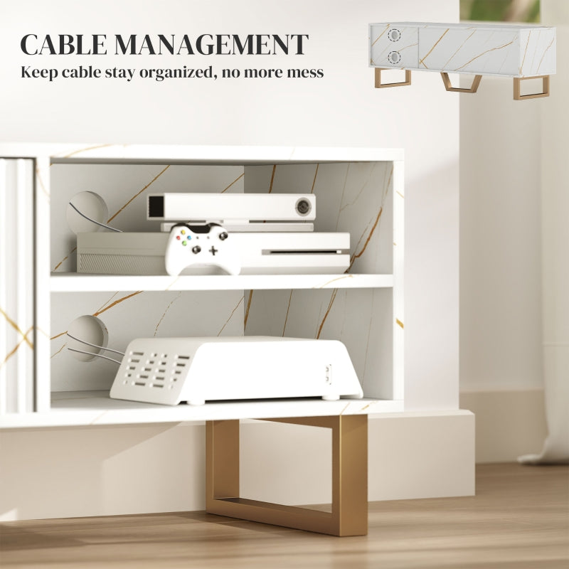 Marble Effect TV Unit Stand for 70" TVs, Fluted Door Storage, White