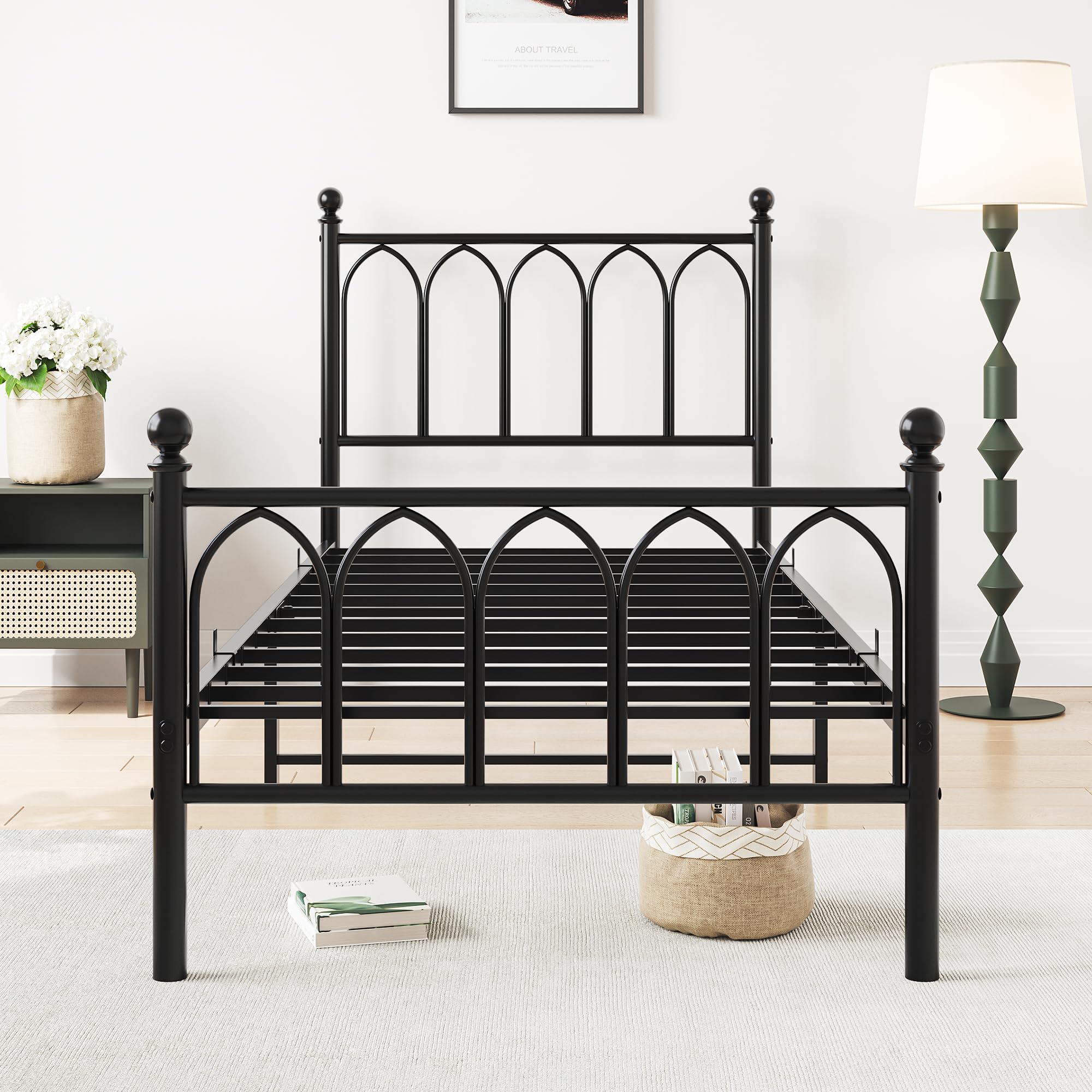 Metal Bed Frame 90x200cm Vintage Headboard Footboard Under-bed Storage - Black