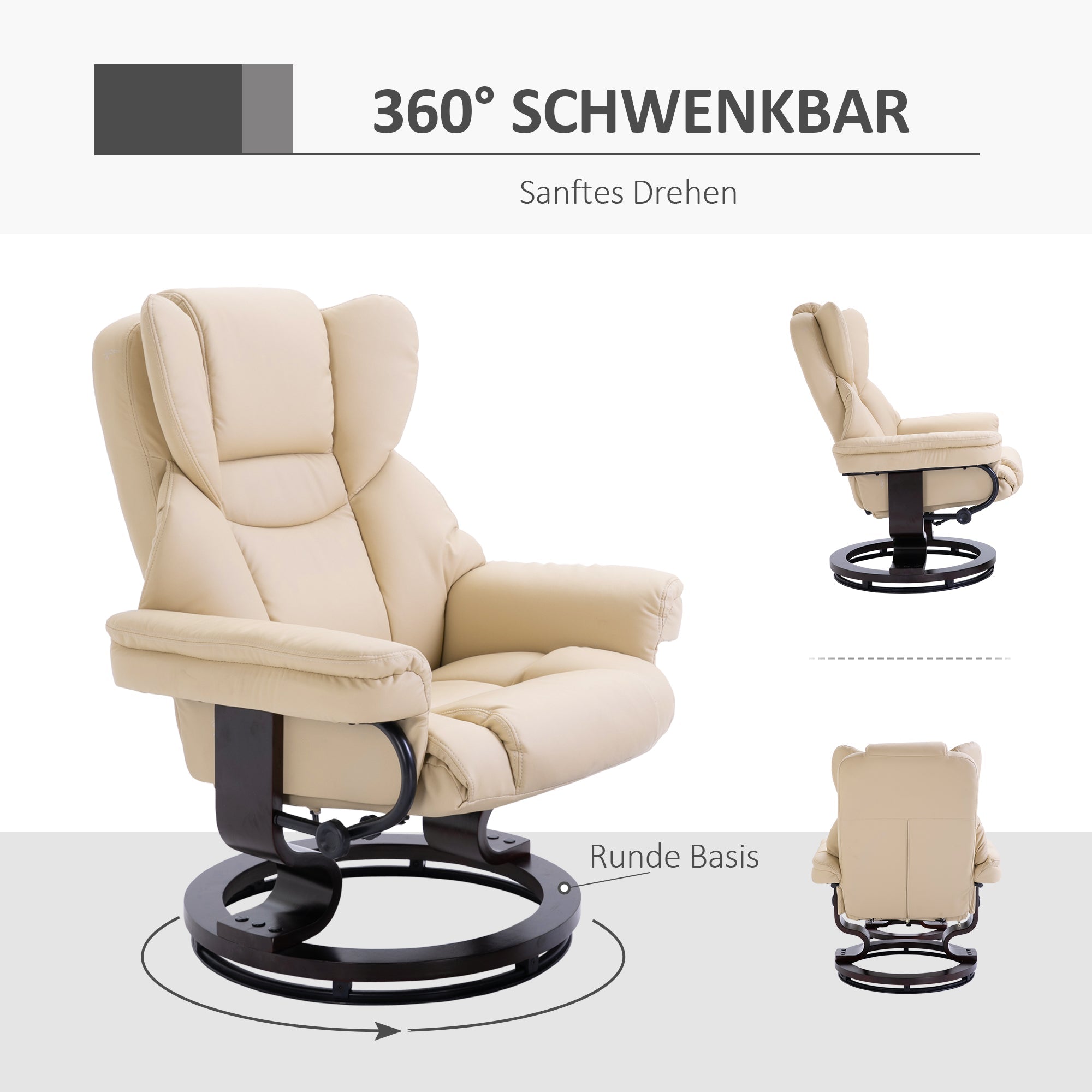 Relaxliegesessel mit Hocker, drehbarer TV-Sessel, Kunstleder Cremefarben