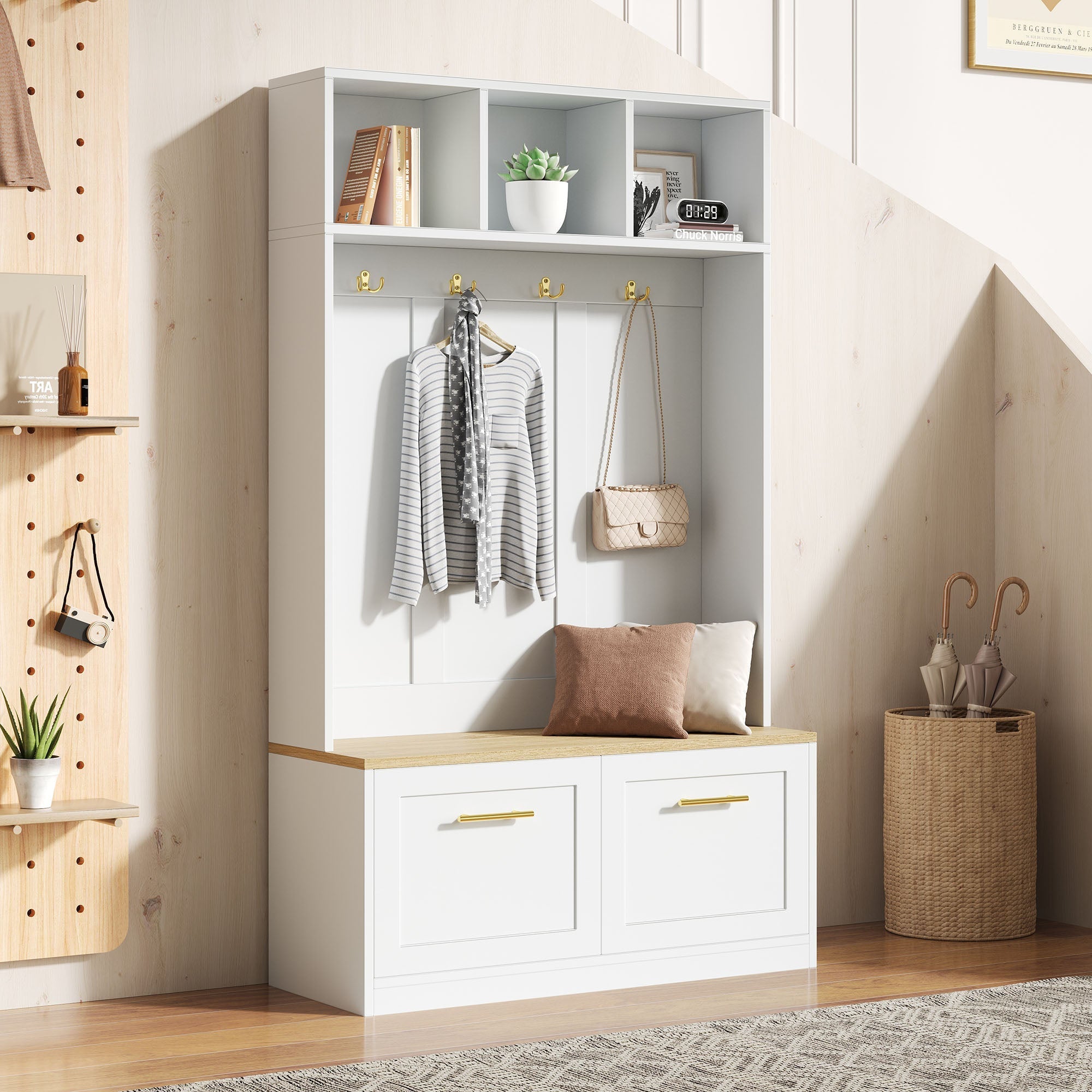 Wardrobe Set Compact Hallway Bench 2 Doors 4 Hooks natural & white