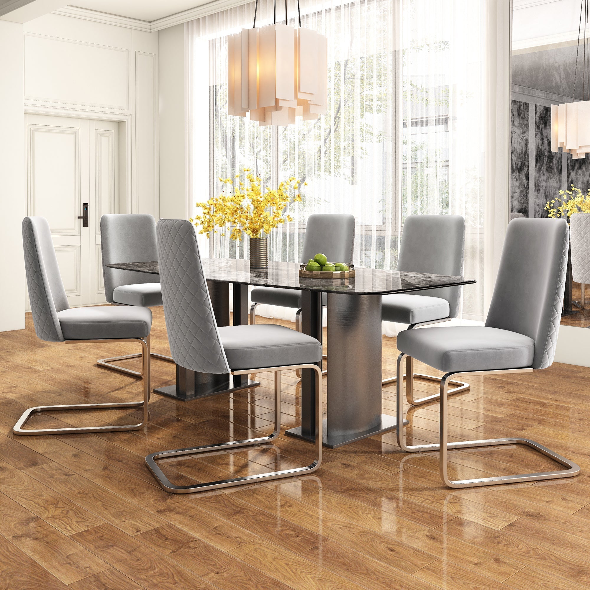 Velvet Dining Chair Set of 4 Diamond Back Luxurious Metal Legs Grey