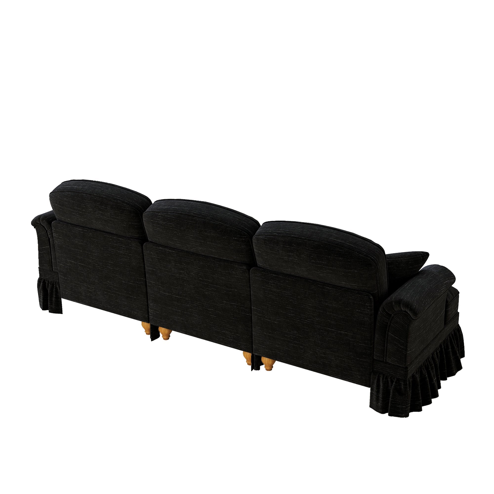 Sofa 3-seater Mid-Century Chenille Ruffled Apron - Black