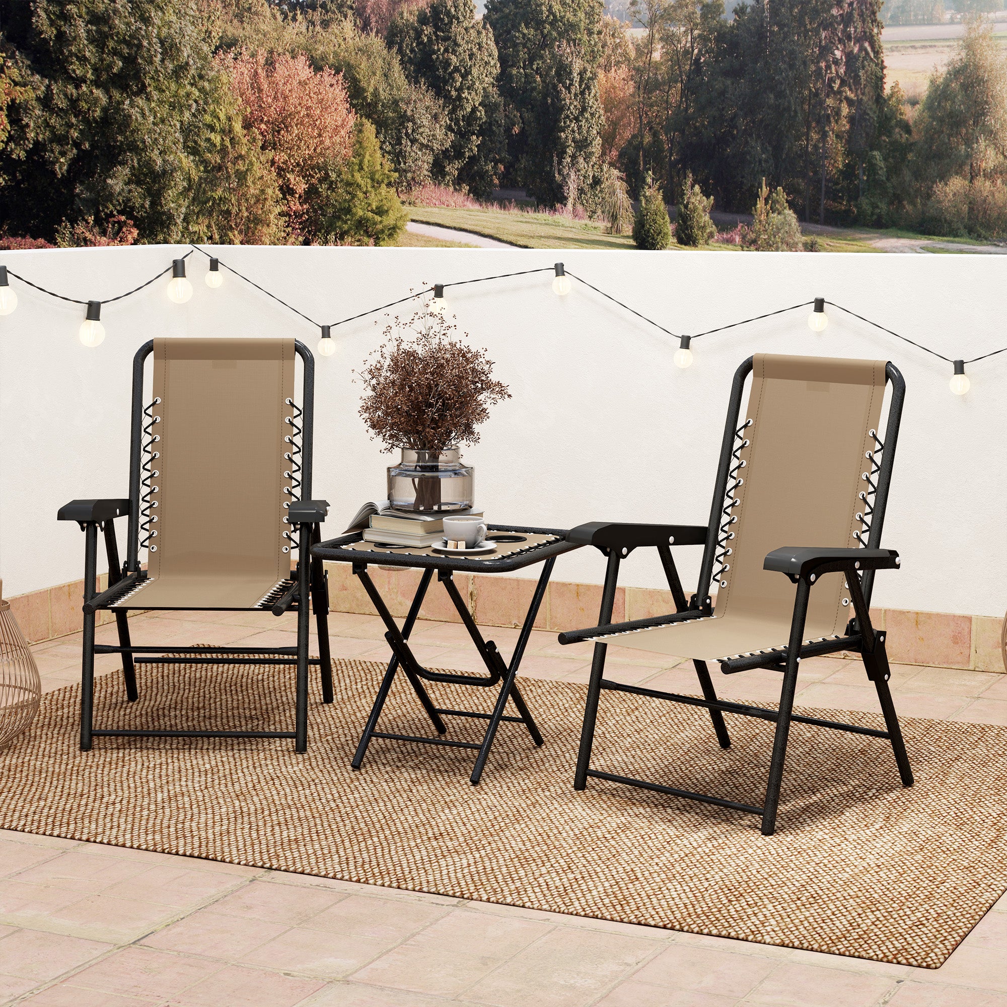 Three-Piece Garden Table and Chair Set Folding Bistro Set Khaki