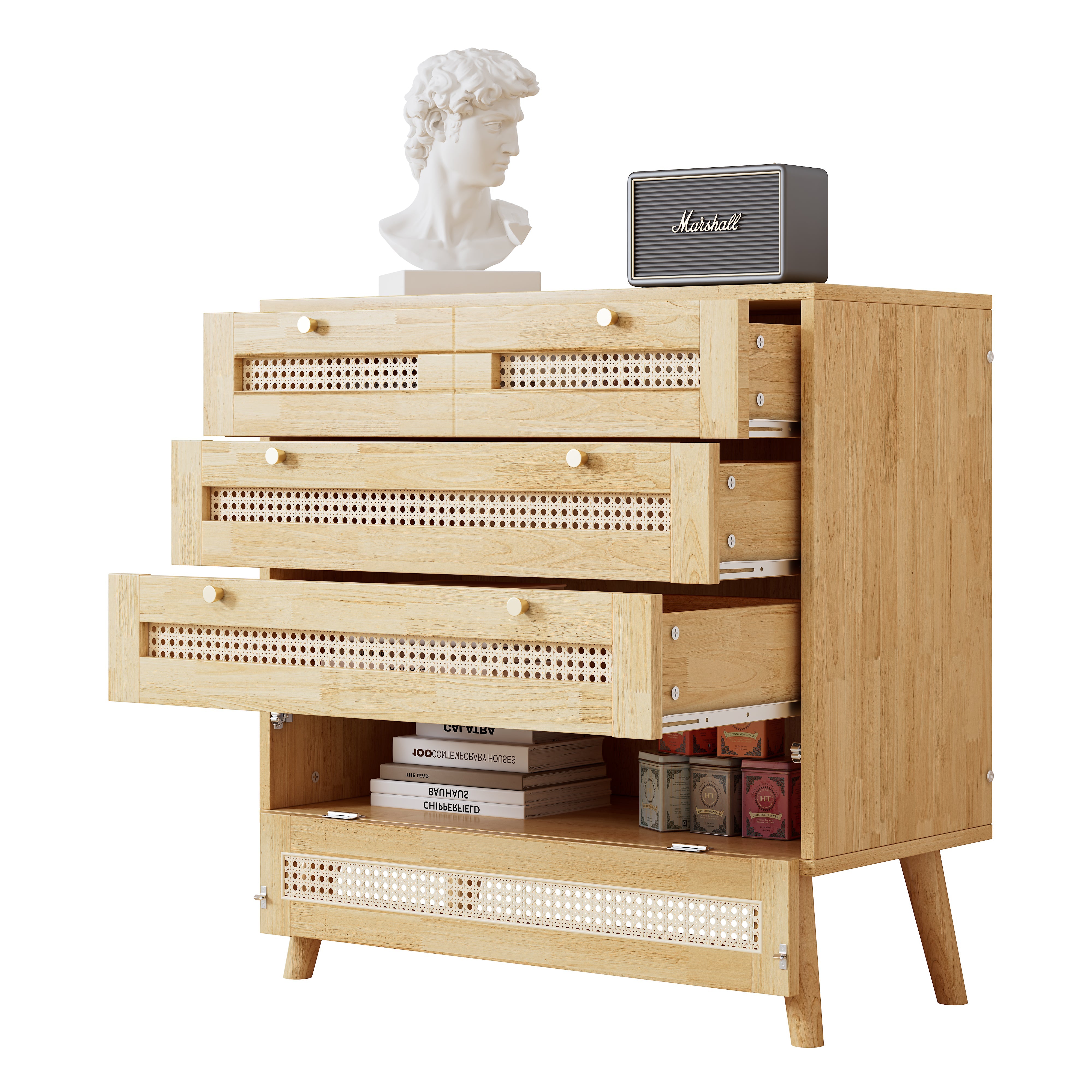 Classic chest of drawers with 3 drawers, rattan drawer top, gold metal handle, wooden legs, chipboard