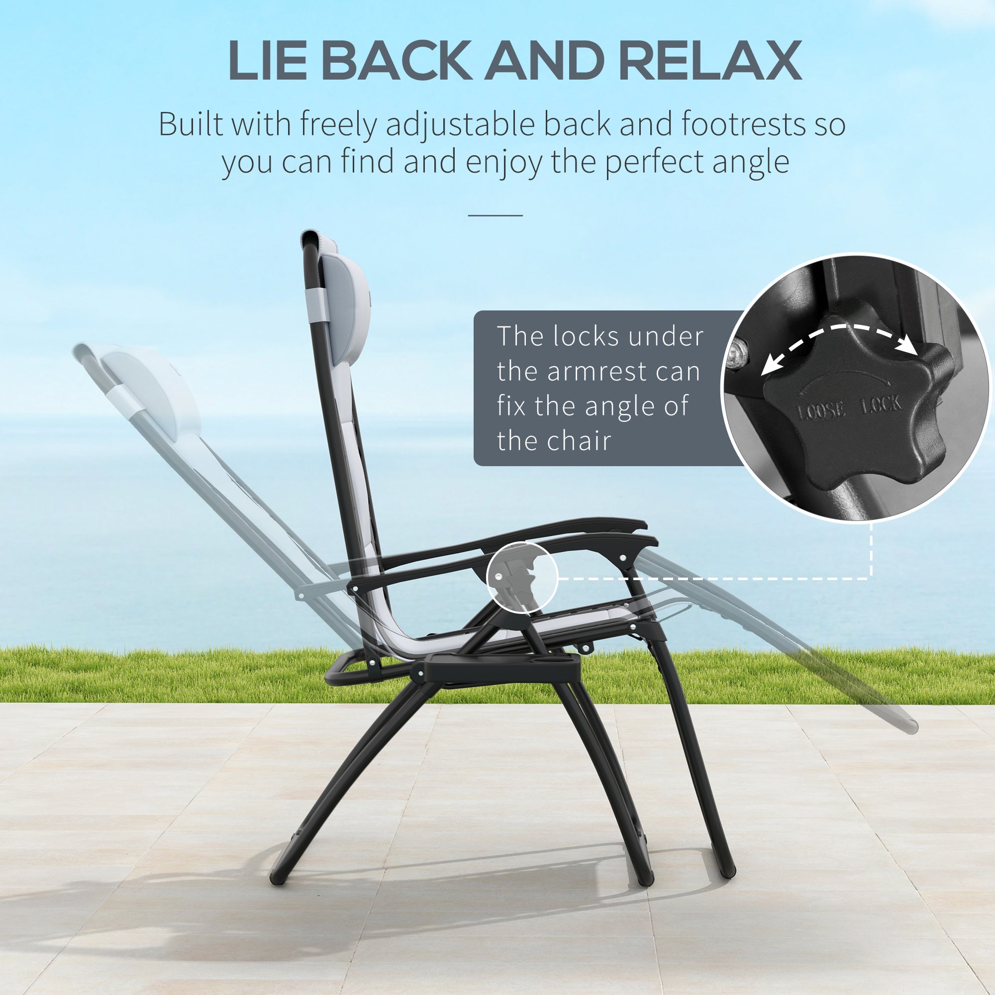 Zero Gravity Lounger Chair Set of 2, Folding Reclining Patio Chair with Cup Holder, Grey