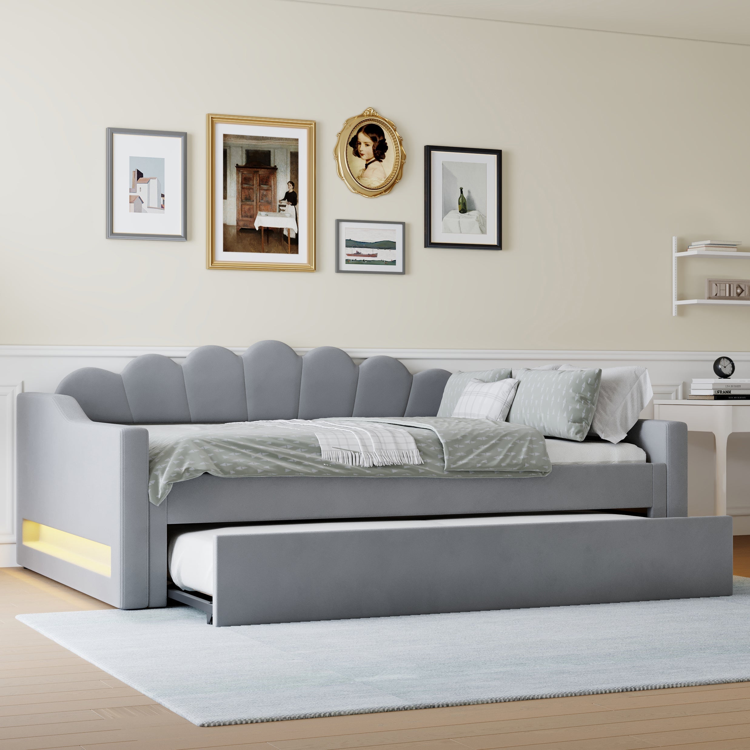 Daybed Upholstered 140x200cm LED Pull-out Bed - Grey