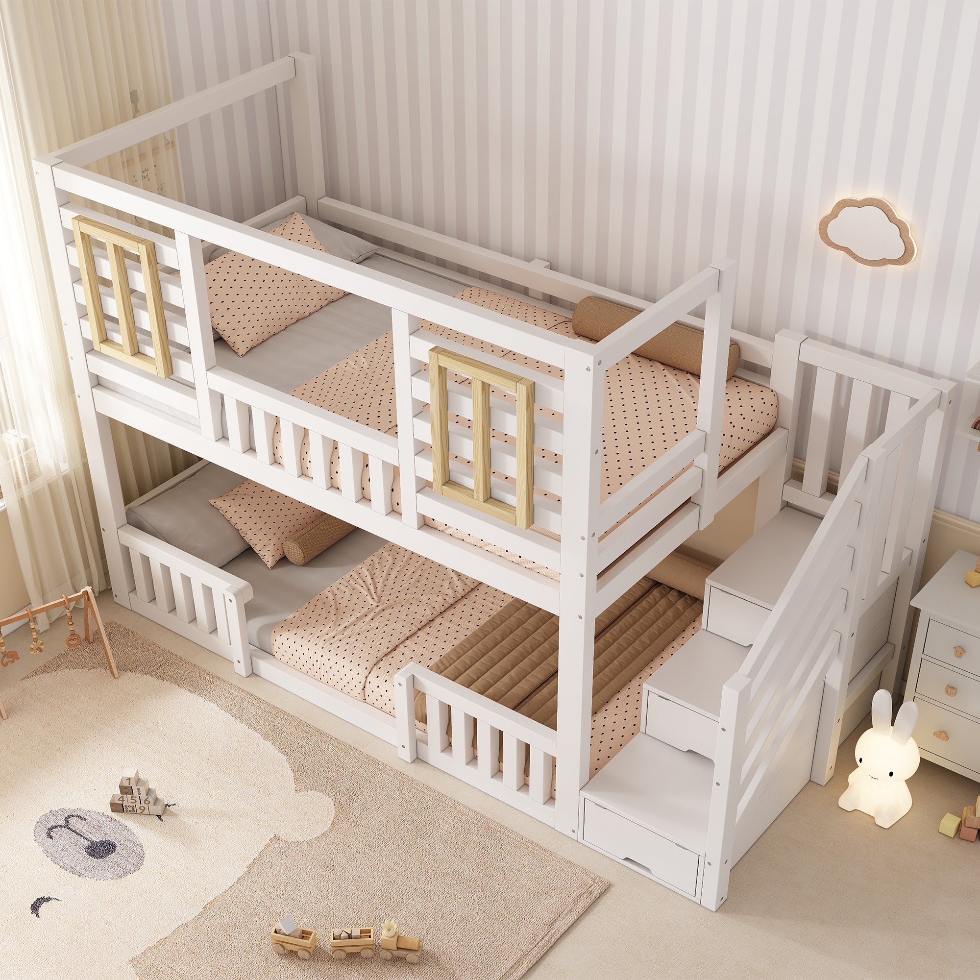 Bunk Bed with Cabin Style Windows and Staircase Cupboard, 90x200cm, White Wood